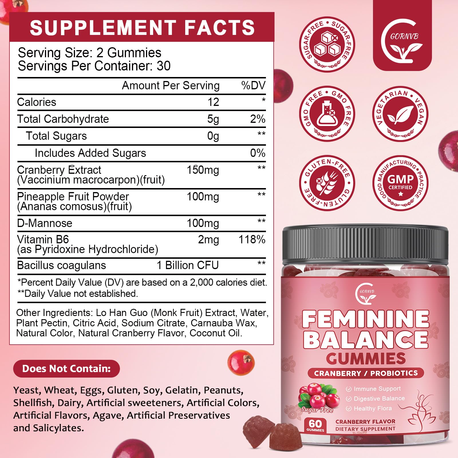 GORNVB Premium Feminine Balance Gummies for Women, Support pH Balance & Vaginal Probiotics Health Gummies with Cranberry Pineapple Powder, D-Mannose, Sugar Free, Gluten Free, Vegan GORNVB uk supplements