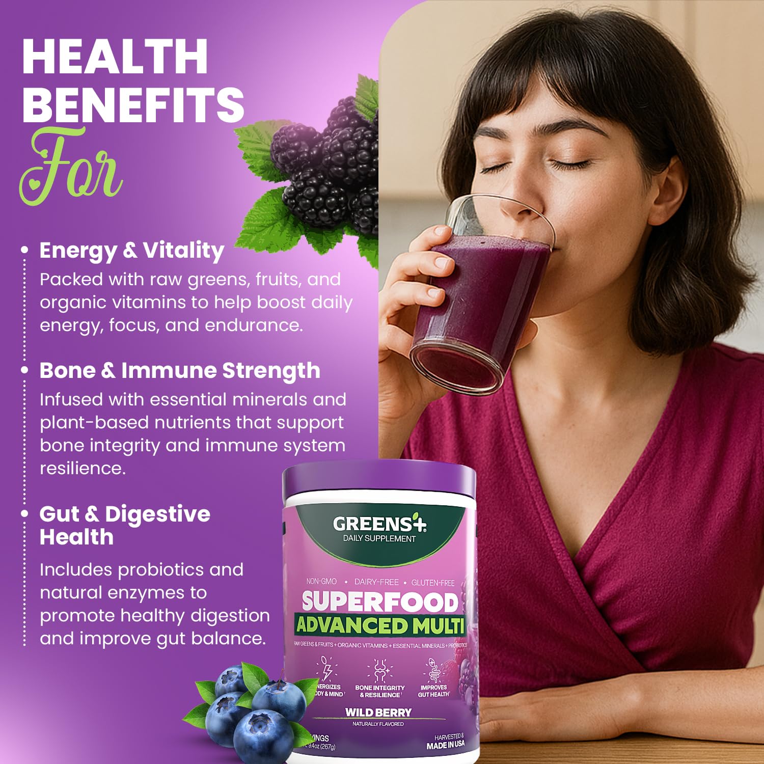 Greens+ Advanced Multi Wild Berry Superfood Powder, Organic Blend, Vegan, Non-GMO, Soy-Free, Dairy-Free, Gluten-Free, Dietary Supplement with Vitamins & Minerals, 9.4 oz Greens+ uk supplements
