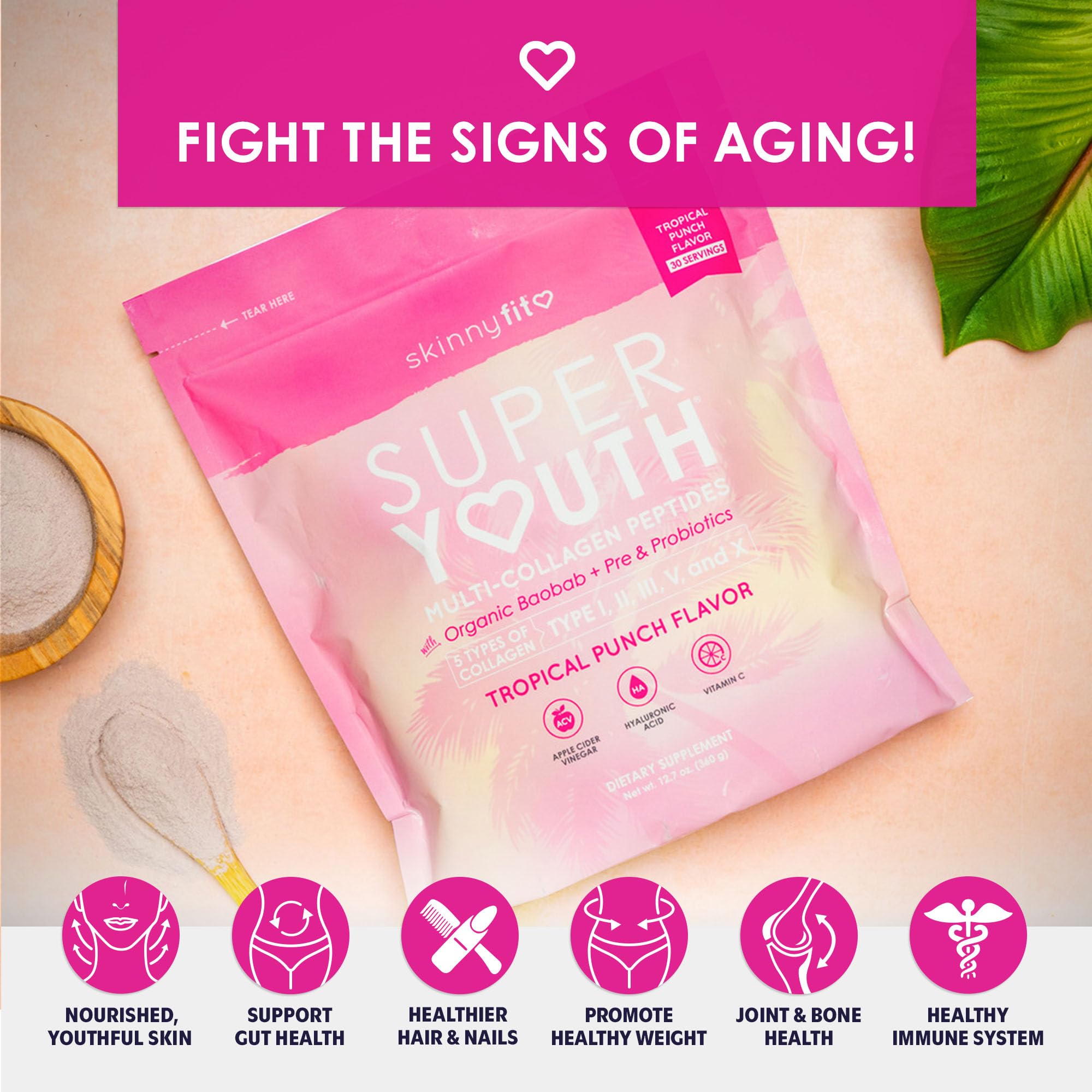 SkinnyFit Super Youth Tropical Punch Multi-Collagen Peptides + Probiotics, Baobab Fiber SkinnyFit uk supplements