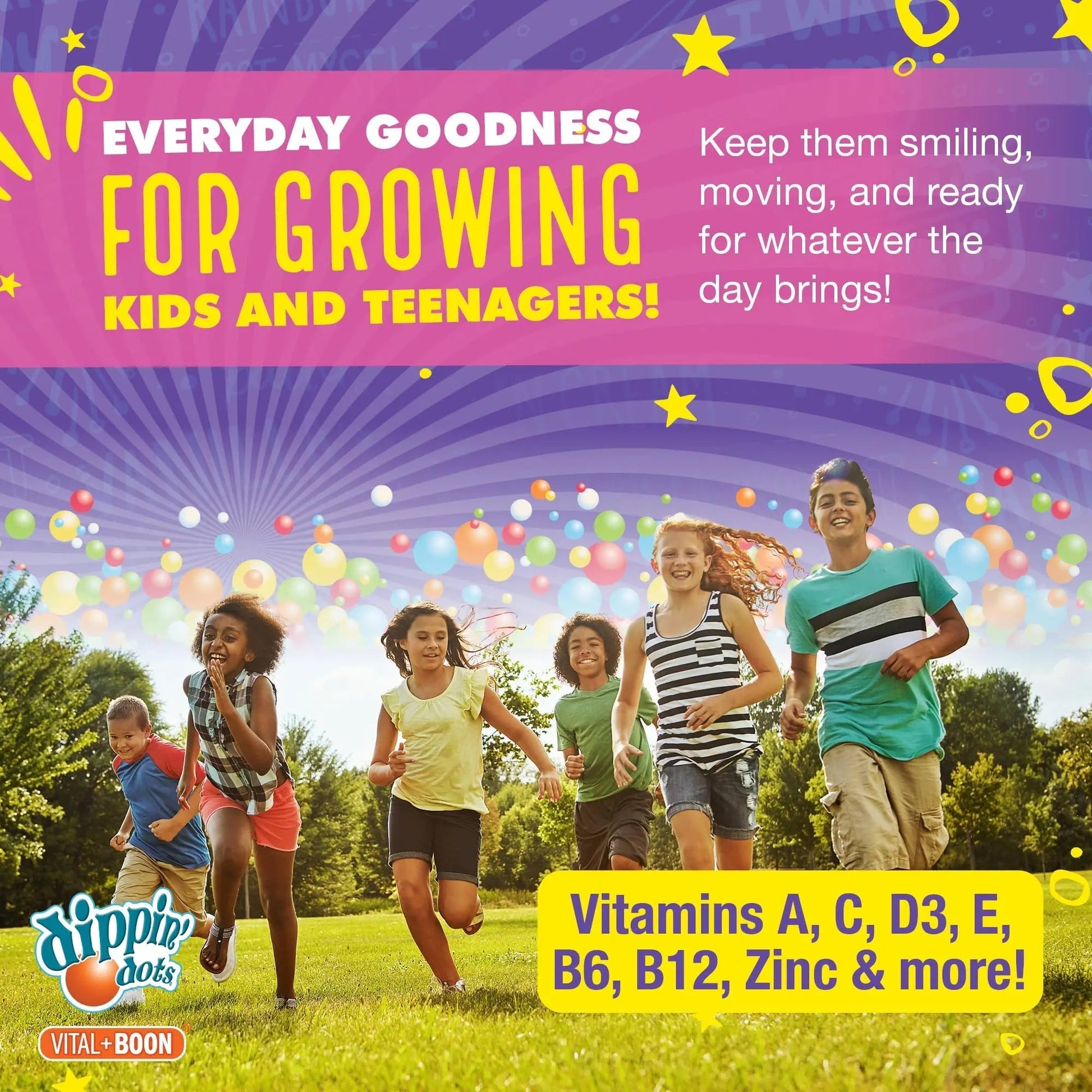Dippin' Dots - Multivitamin Gummies for Kids Rainbow Fruit Flavor Complete Multivitamin Chewy Gummies Vitamin A, B, C, D3, E, B6, Zinc - 60 Count Vital+Boon uk supplements