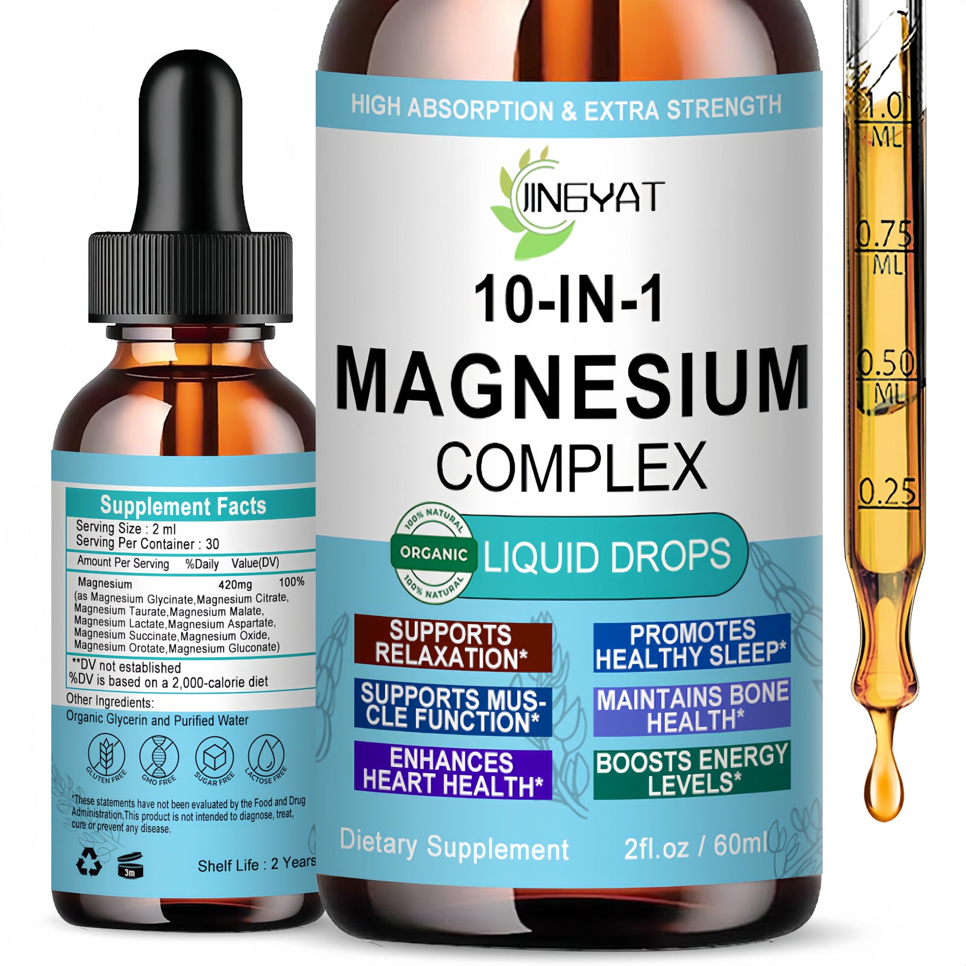 High Absorption Magnesium Complex Drops | 10-in-1 Liquid Magnesium Complex for Women & Men with Glycinate,Citrate,Taurate | for Stress Relief,Sleep,Heart Health | Vegan,Non-GMO,Fast-Acting Formula JINGYAT uk supplements