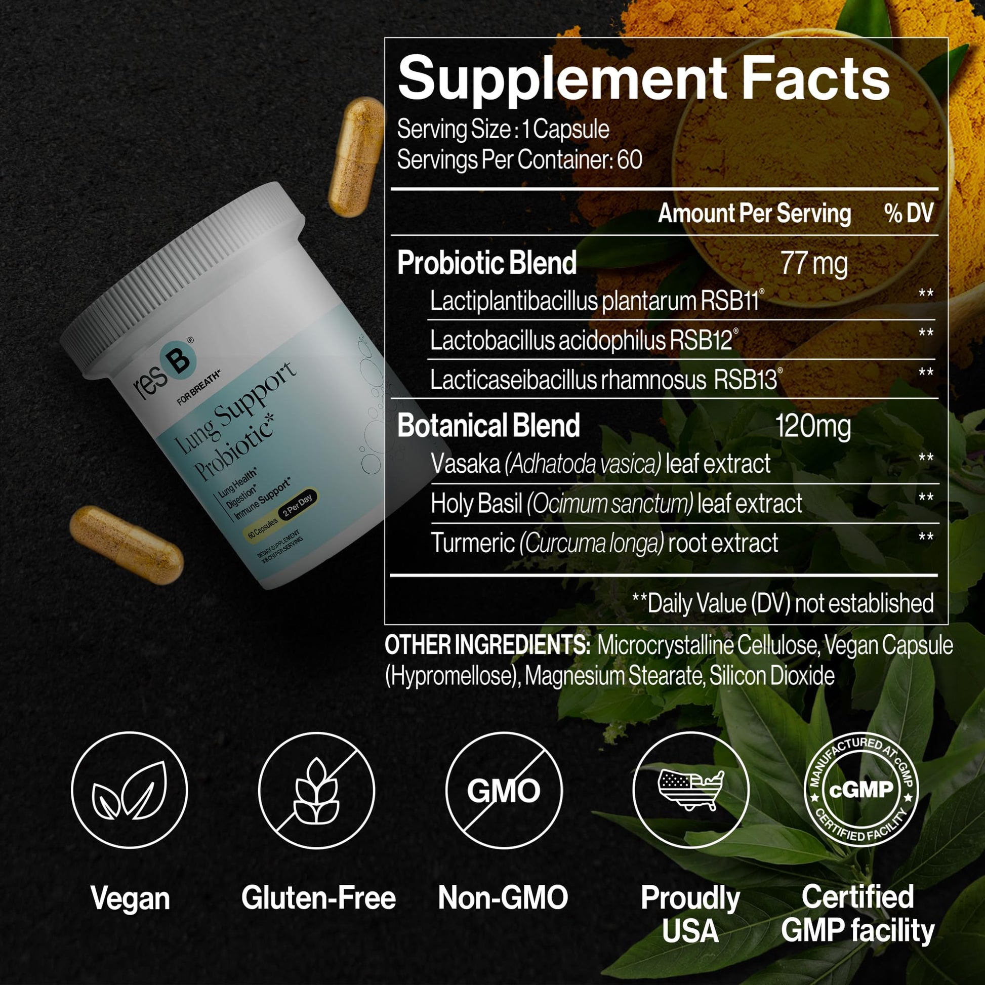 resB Lung Support Probiotic Supplement - Lung Health Supplement for Smokers, Gut Health, Immune & Digestive Support, Respiratory Care, Holy Basil & Turmeric, Clinically Trialed - 60 Capsules ResBiotic uk supplements