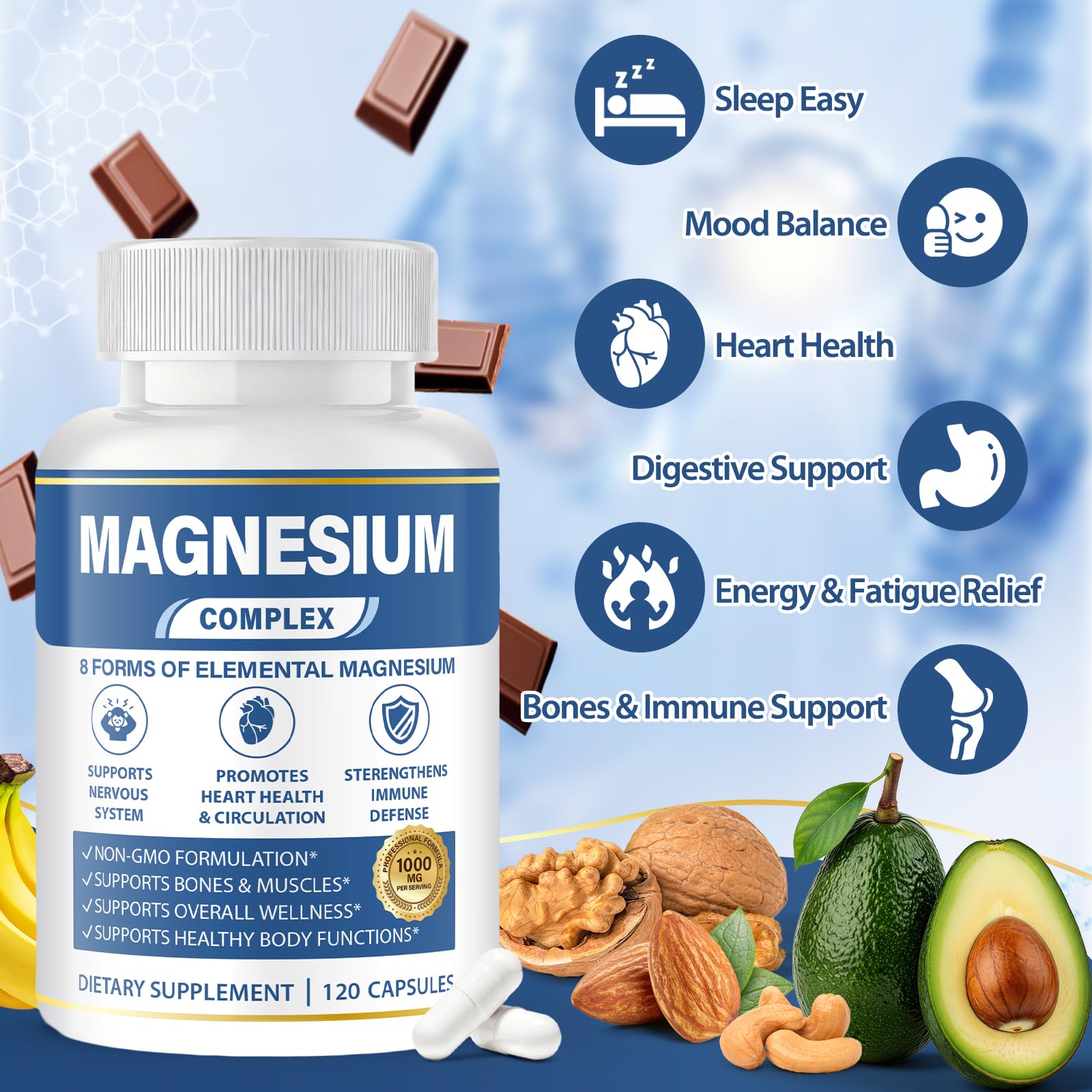 1000mg Magnesium Complex 8 in 1 for Women & Men – Magnesium Glycinate, Citrate, Malate, Taurate, Oxide, Carbonate, Aspartate, Orotate – Vegan Non-GMO, for Sleep, Fatigue & Heart Health, 120 Capsules BOSNETHUINH uk supplements