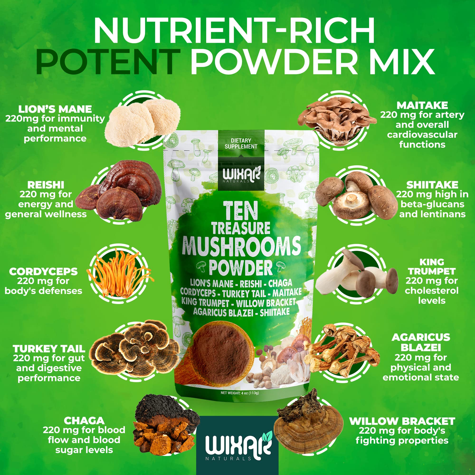 Wixar Mushroom Powder - Ten Treasure Mushrooms Extract Supplement Blend for Coffee WIXAR NATURALS uk supplements