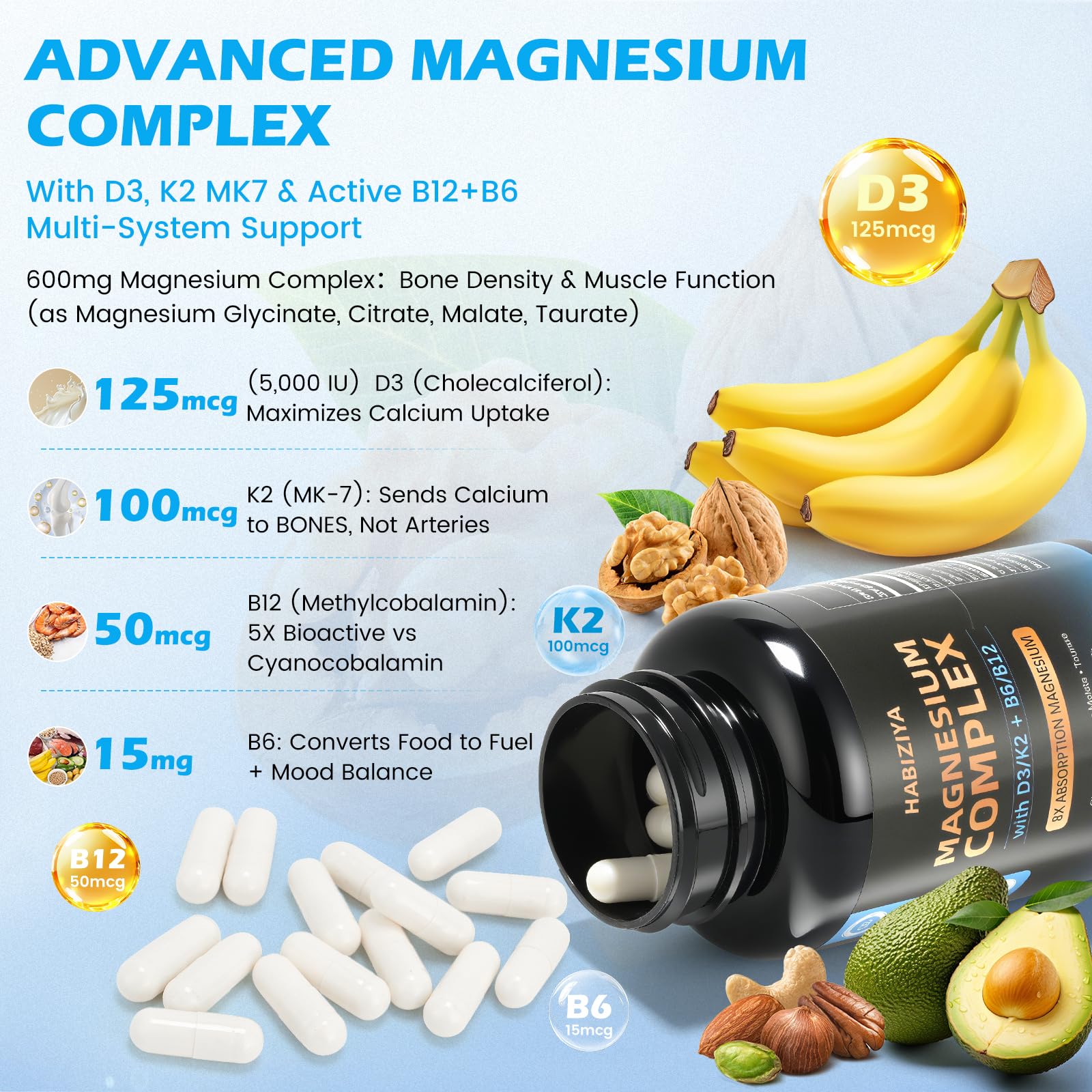 Magnesium Complex Supplement 600mg with with D3 K2 MK7 & B Vitamins High Absorption Capsules with Glycinate, Citrate & Malate,Taurate Relaxation,Muscle,Heart Support, Vegan 120 Capsules HABIZIYA uk supplements
