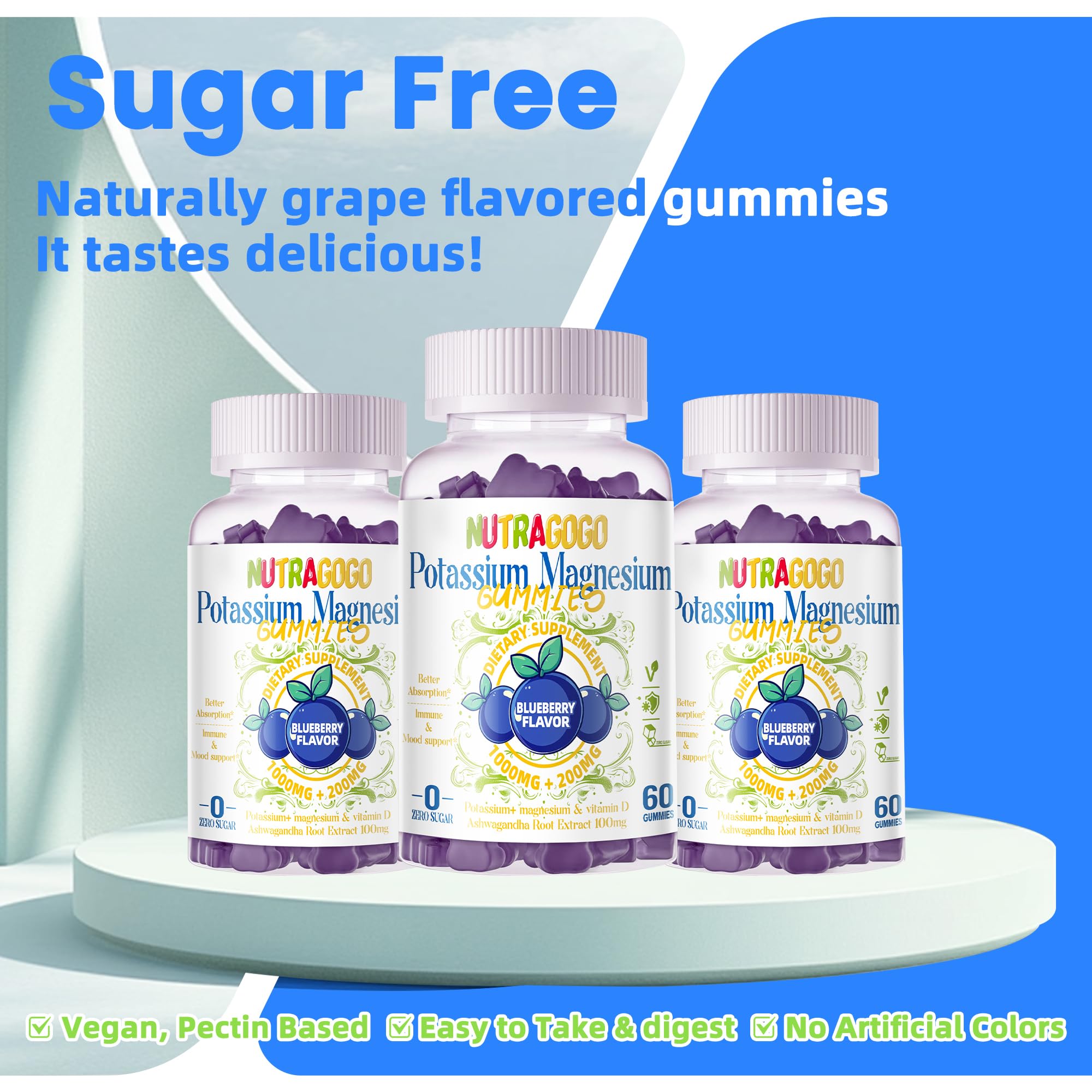 Potassium Magnesium Gummies,Potassium Supplement w/Ashwagandha,High Absorption Magnesium Glycinate,B6,D3,Potassium Citrate for Leg Cramps,Muscle,Electroyte for Adults Kids,Sugar-Free, 60 Gummies NUTRAGOGO uk supplements