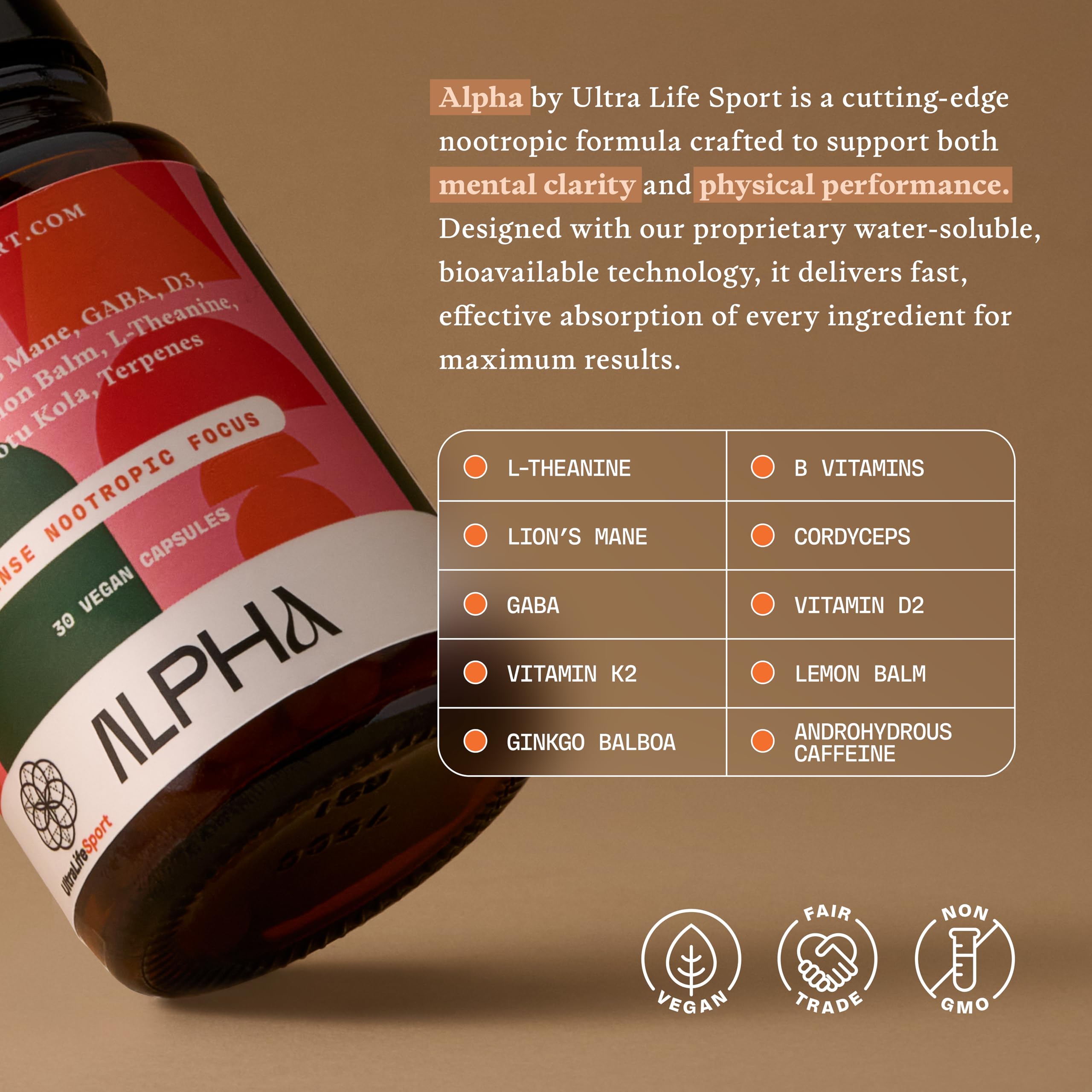 Ultra Life Sport - Alpha Nootropic - 30 Capsule Body and Brain Supplements for Memory and Focus - L-Theanine, B Vitamins, Lion's Mane, Cordyceps Mushrooms, Vitamin D3, K2 MK-7, Lemon Balm and Ginkgo Ultra Life Sport uk supplements