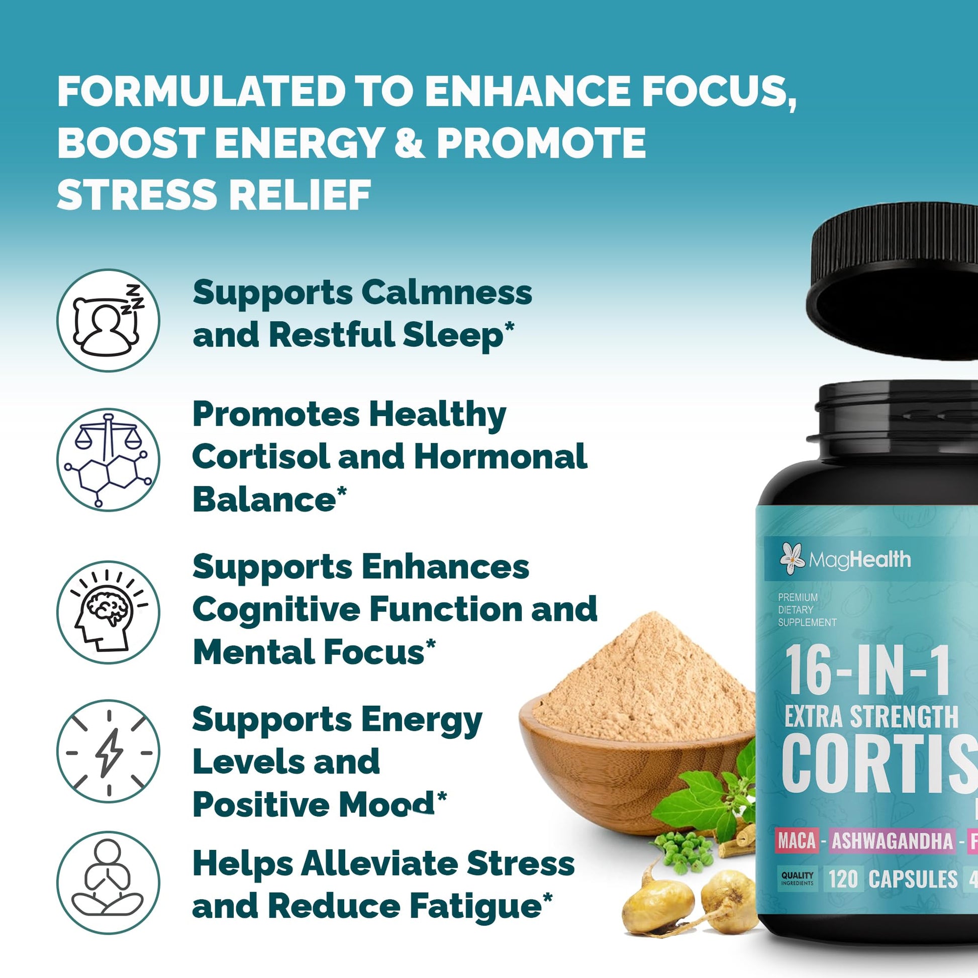 Cortisol Complex 16-in-1 Supplement for Women & Men | Stress Support Manager with Organic Ashwagandha, Maca Root, Rhodiola Rosea & Shilajit | Adaptogen Blend for Balance & Energy | 120 Capsules MagHealth uk supplements