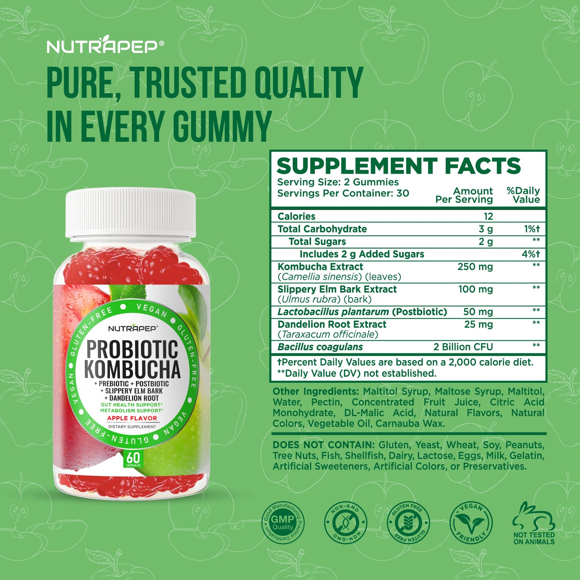 NutraPep Probiotic Kombucha Gummies - Women Men Probiotic Prebiotic Probiotic Blend for Gut Health Bloating Metabolism Support with Slippery Elm Bark Dandelion Root - Vegan Gluten Free Apple Flavor NutraPep uk supplements