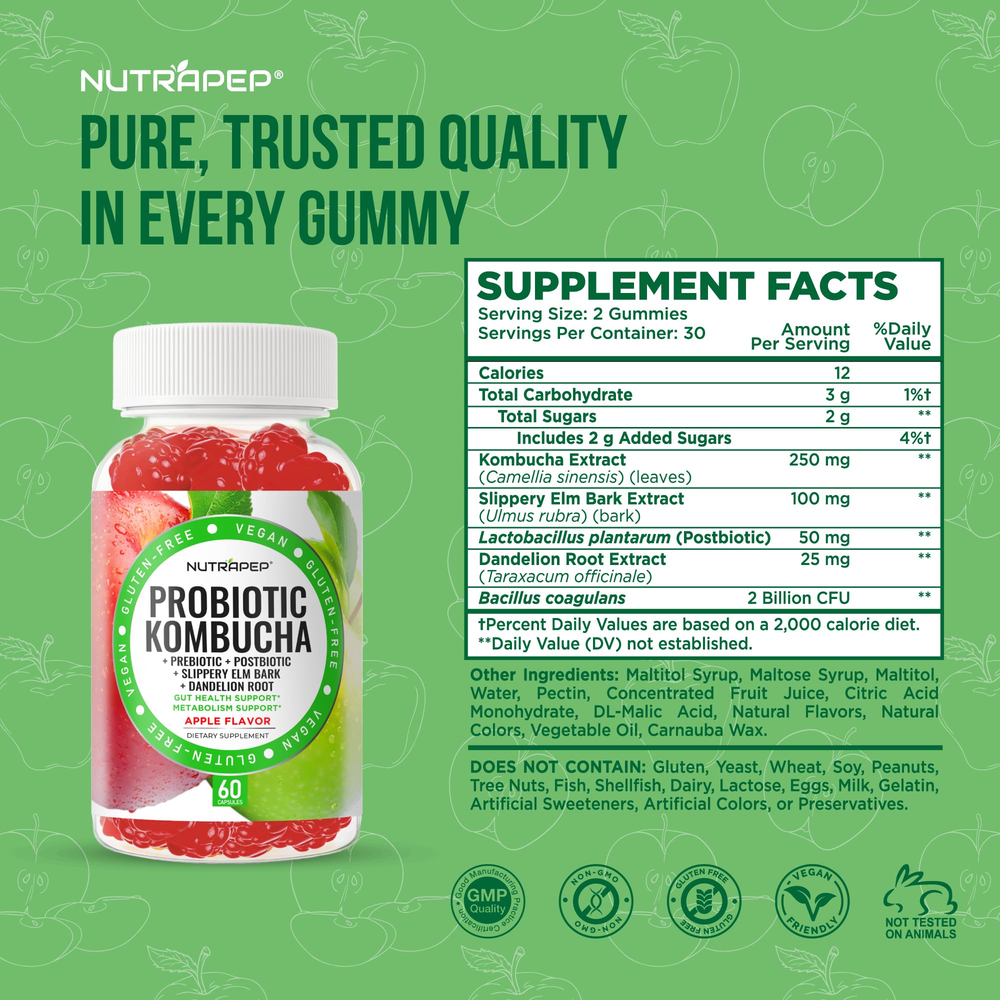 NutraPep Probiotic Kombucha Gummies - Women Men Probiotic Prebiotic Probiotic Blend for Gut Health Bloating Metabolism Support with Slippery Elm Bark Dandelion Root - Vegan Gluten Free Apple Flavor NutraPep uk supplements