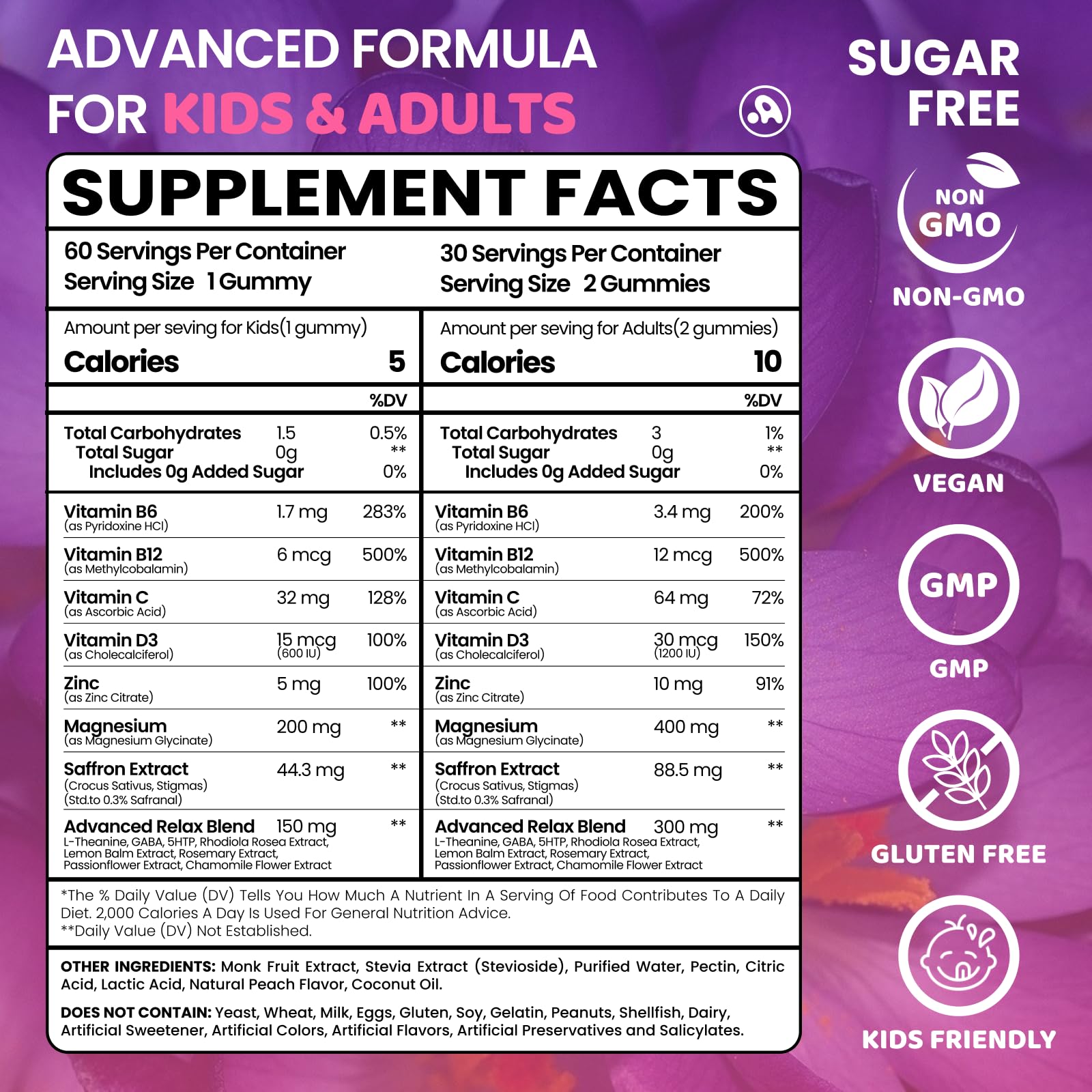 Saffron Gummies for Kids Adults 88.5mg, 15-in-1 Saffron Supplements for Kids, with B6, B12, C, D3, Magnesium Glycinate, Zinc for Nerve, Rest, Focus, Sugar Free, Vegan, Non- GMO, Peach Flavor, 60 Count Aube'Azur uk supplements