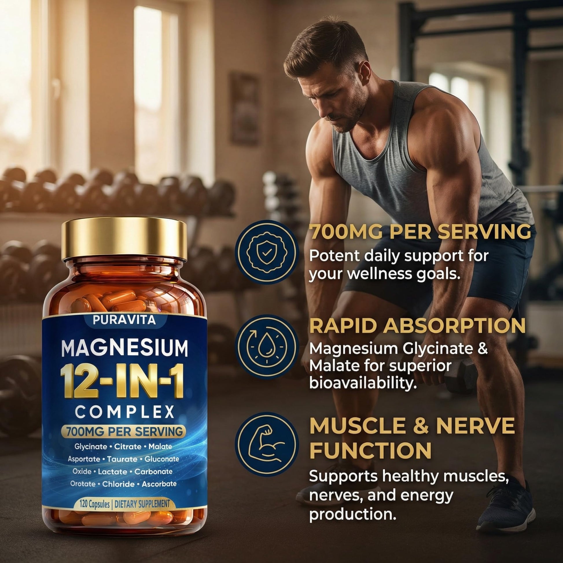 Puravita 12 in 1 Magnesium Complex Capsules - 700mg High Absorption Blend with Glycinate, Citrate, Malate, Oxide & Taurate. Supports Muscle Function, Nerve Health & Relaxation - 120 Capsules (1) PURAVITA uk supplements