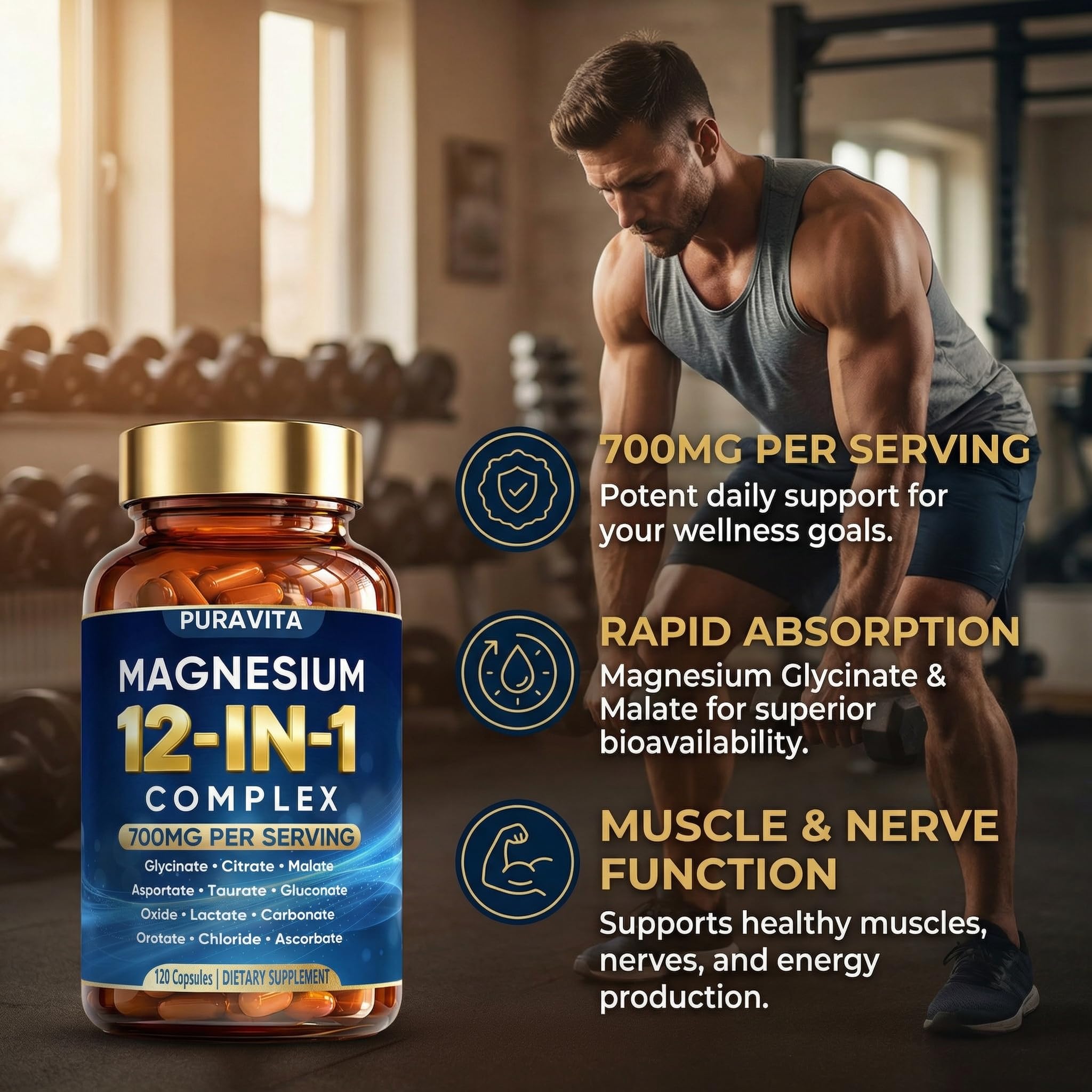 Puravita 12 in 1 Magnesium Complex Capsules - 700mg High Absorption Blend with Glycinate, Citrate, Malate, Oxide & Taurate. Supports Muscle Function, Nerve Health & Relaxation - 120 Capsules (1) PURAVITA uk supplements