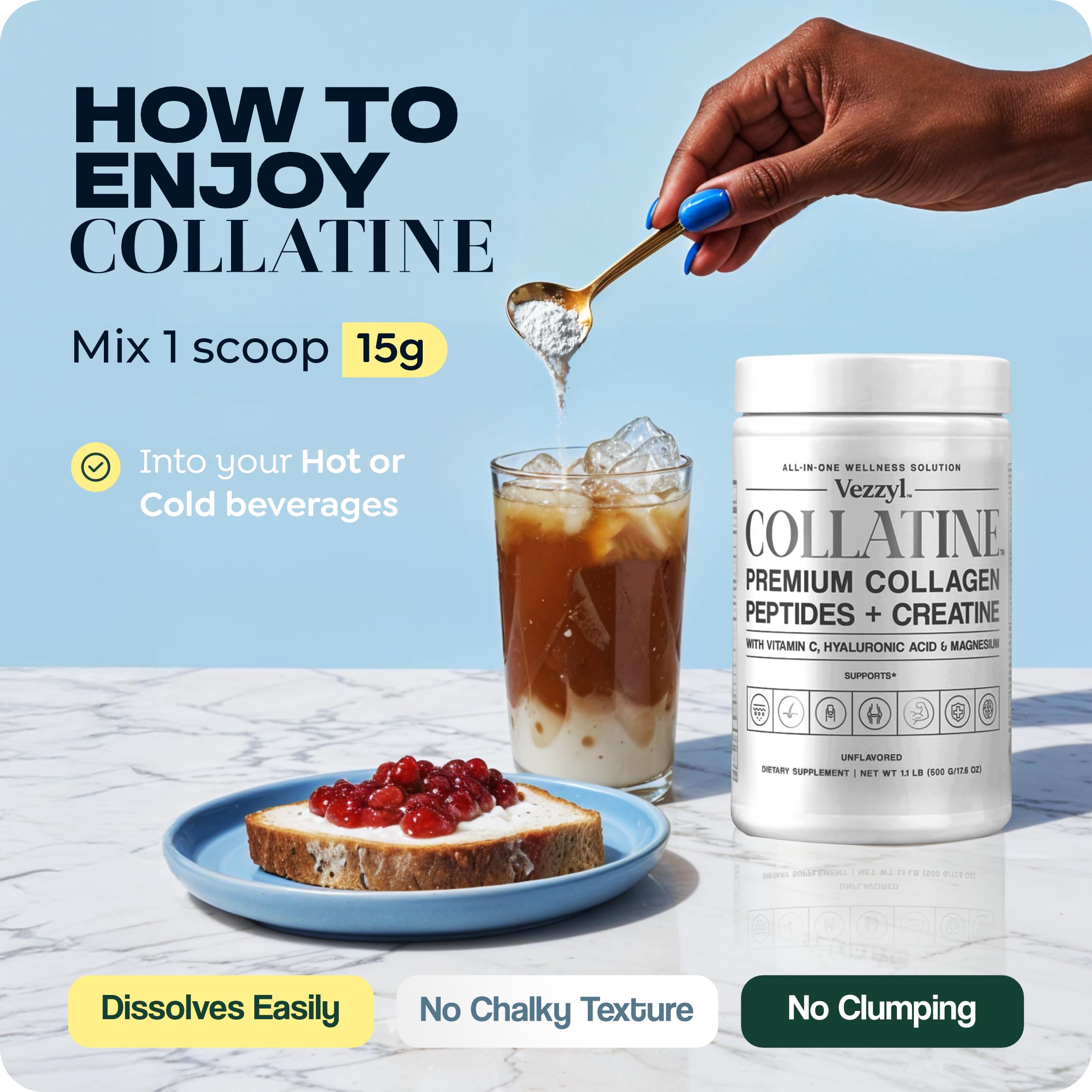 Vezzyl - Collatine - Premium Collagen Peptides + Creatine with Vitamin C, Hyaluronic Acid and Magnesium for Skin, Hair, Nails, Bone & Joint, Muscle, Immune and Cognitive Aid (.55 LB (250 G/8.8 OZ) Vezzyl uk supplements