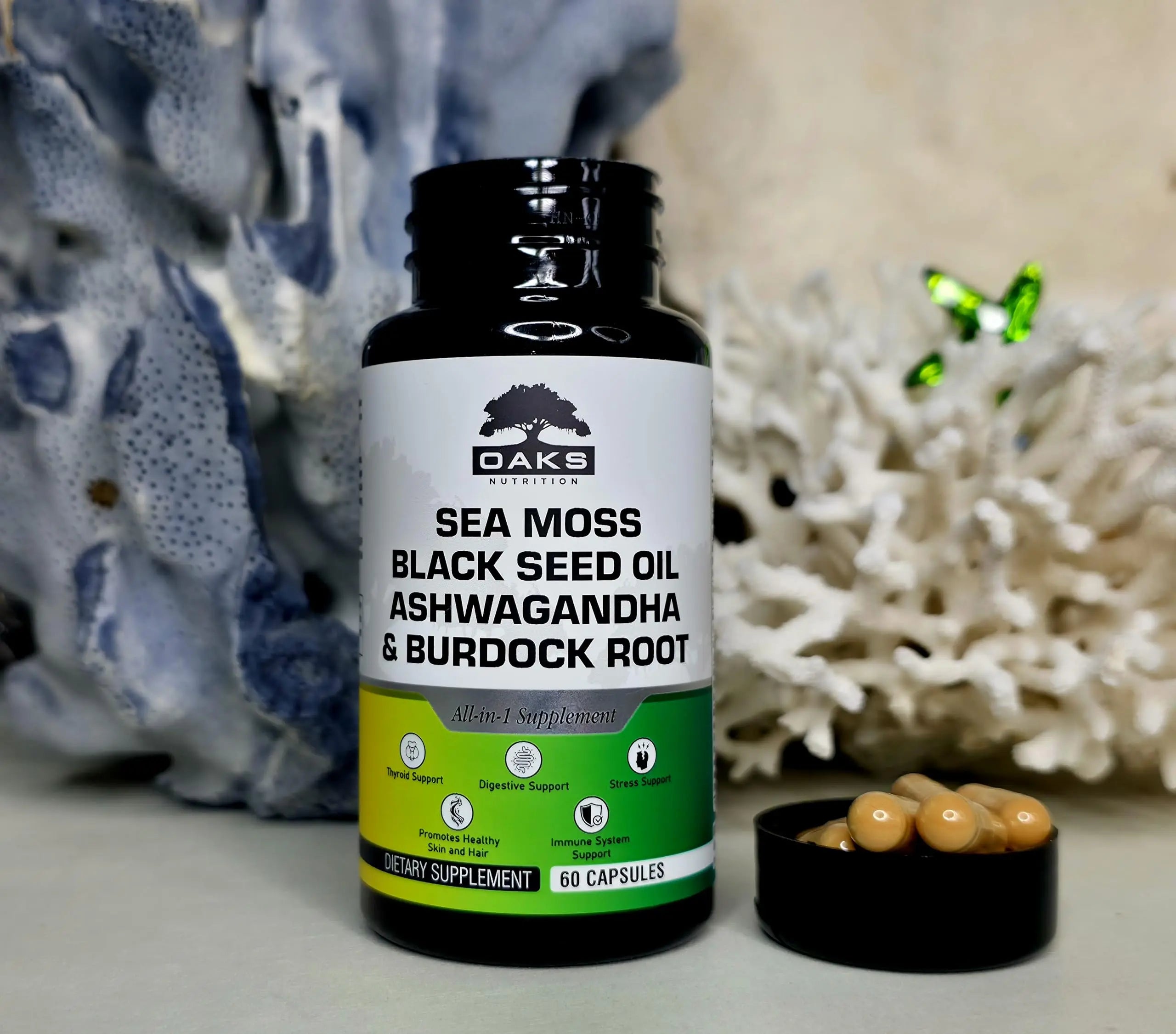 Oaks Nutrition Premium 15-in-1 Sea Moss Multivitamin with Black Seed Oil, Ashwagandha, Turmeric, Bladderwrack, Burdock, Elderberry Oaks Nutrition uk supplements