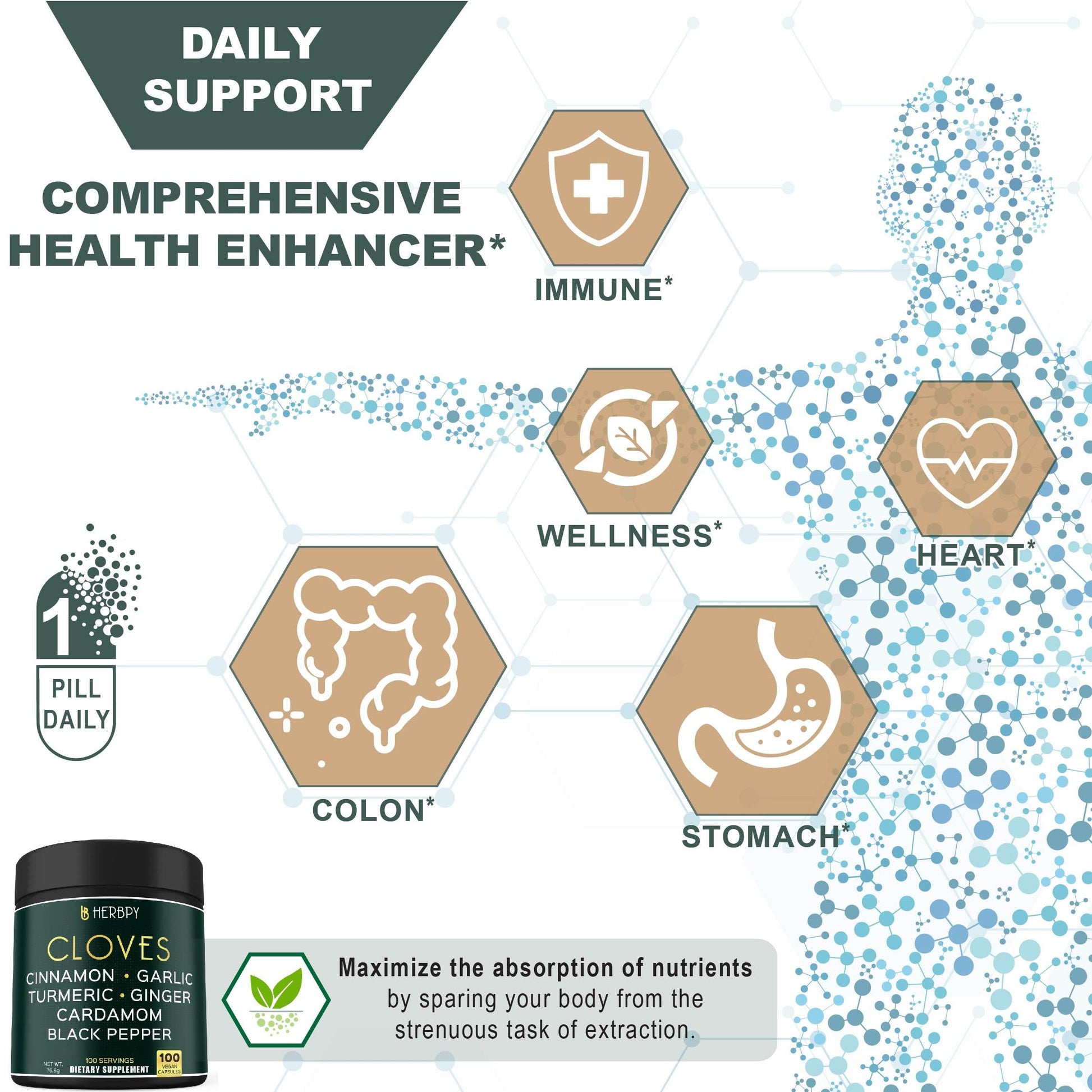 Herbpy 7in1 Clove Supplement Rich in Vitamins & Minerals Supports Digestion, Immune & Heart Health with Cinnamon, Turmeric, Ginger, Cardamom, Garlic & Black Pepper - 100 Vegan Capsules Herbpy uk supplements