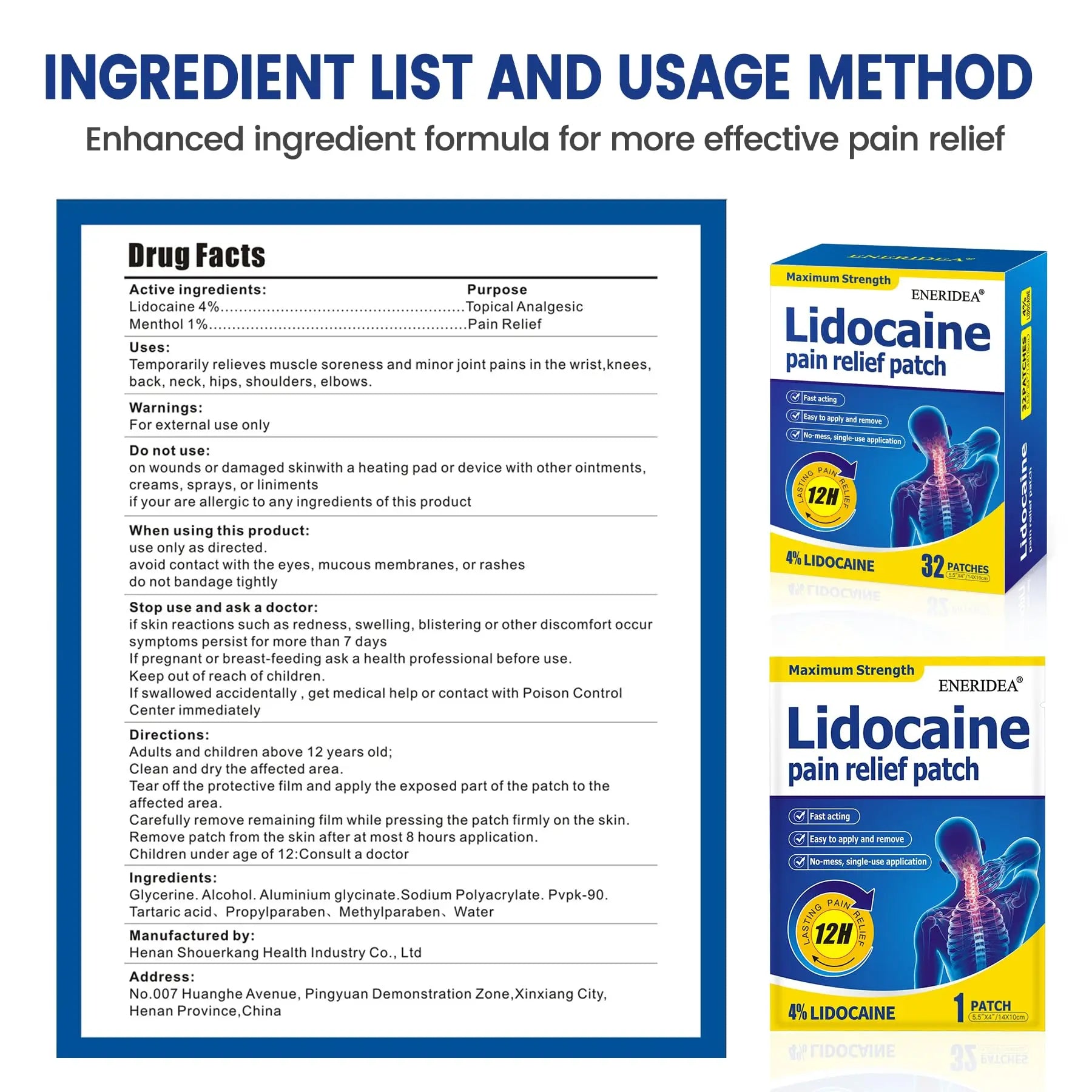 ENERIDEA Lidocaine Gel Pain Relief Patch for Sensitive Skin - Breathable & Hypoallergenic, Flexible Adhesion for Daily Muscle & Joint Comfort - 12 Hour Pain Relief (32 Patches) ENERIDEA uk supplements