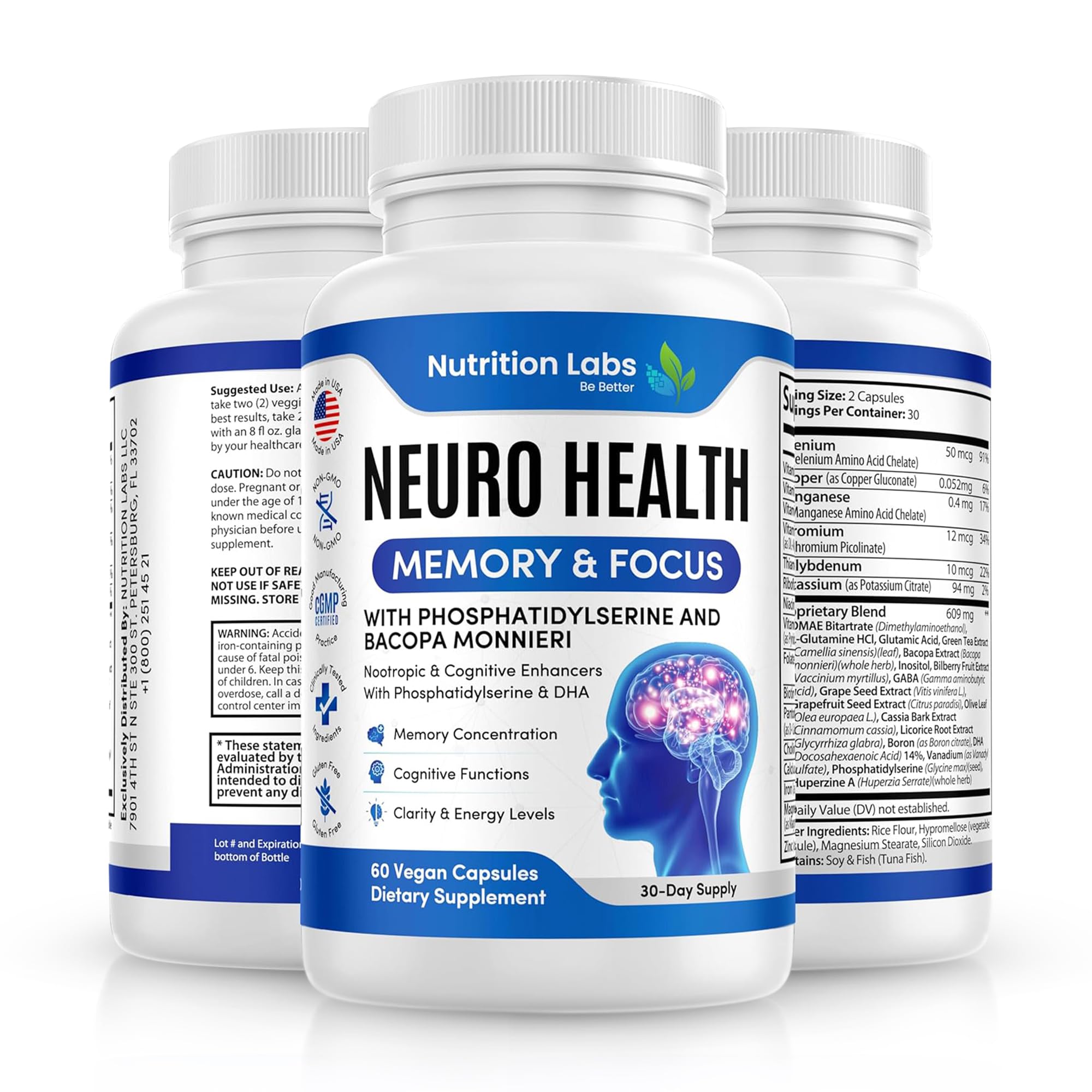 Nootropic & Neuro Brain Supplement for Memory & Focus Support. Clinically Tested Vitamins for Mental Support & Cognitive Clarity W/Bacopa Monnieri, VIT A, B6, Riboflavin, Niacin, Thiamin & Folate NUTRITION LABS BE BETTER uk supplements