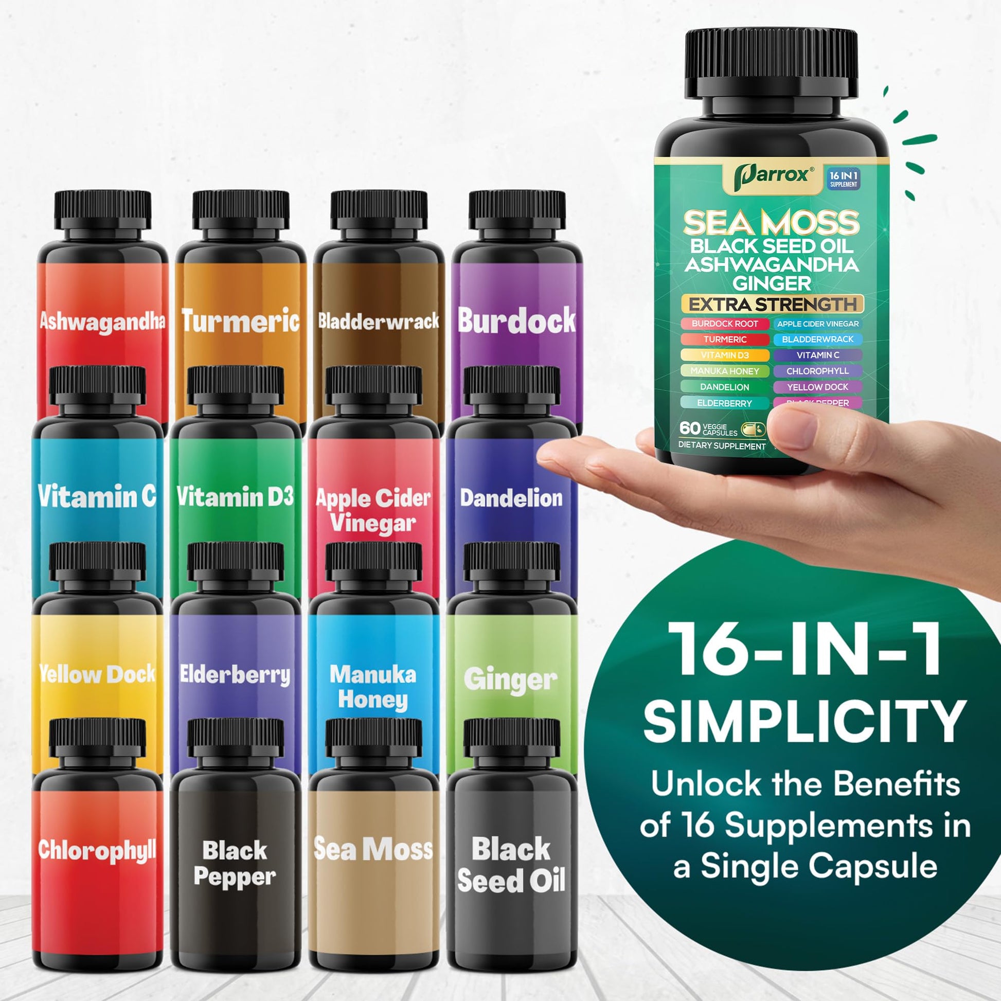 Parrox Sea Moss, Black Seed Oil, Ashwagandha, Turmeric, Chlorophyll, Dandelion, Ginger, Vitamin D3, Black Pepper, Elderberry, ACV, Yellow Dock, Burdock Root, Manuka, Vitamin C, Bladderwrack (60 Caps) Parrox uk supplements