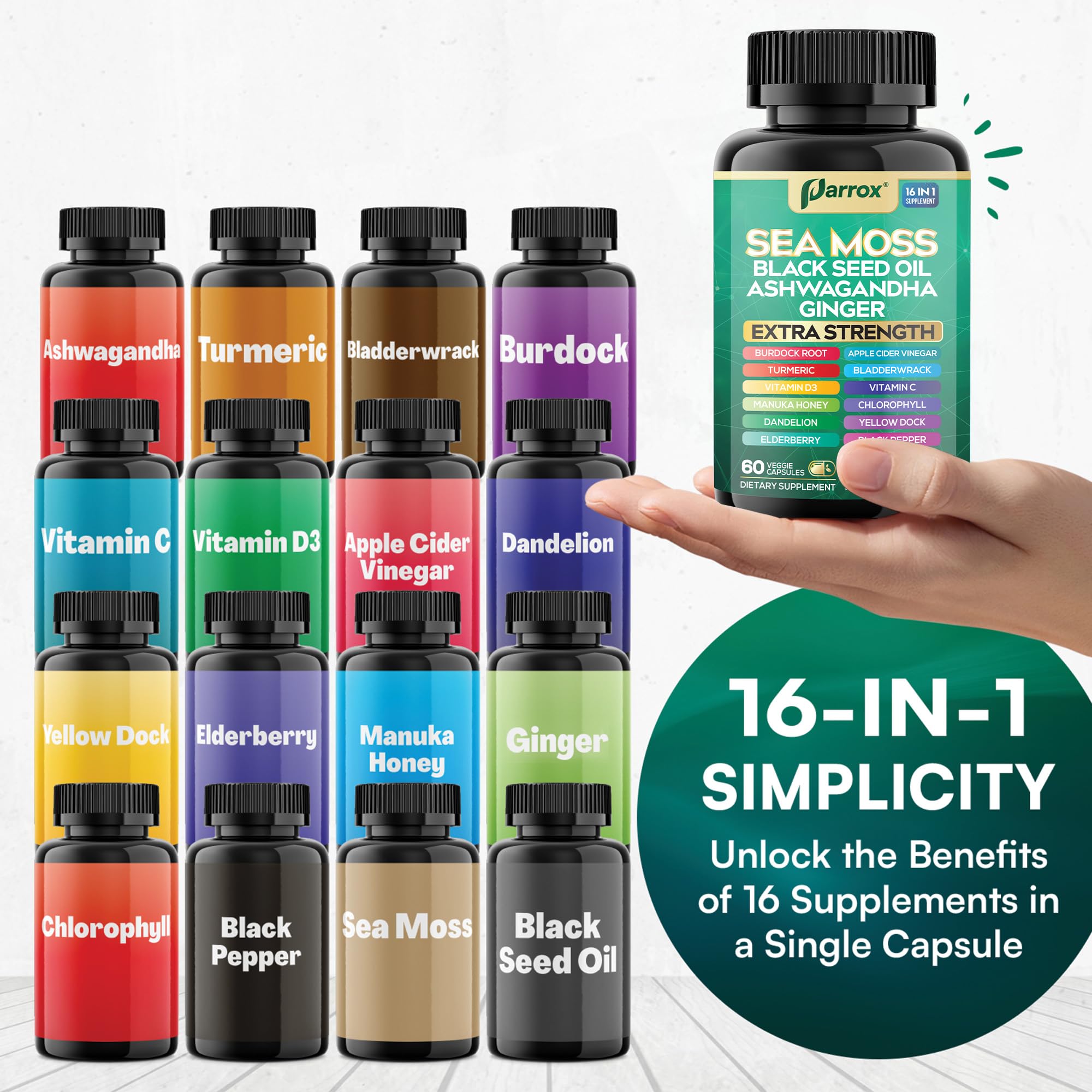 Parrox Sea Moss, Black Seed Oil, Ashwagandha, Turmeric, Chlorophyll, Dandelion, Ginger, Vitamin D3, Black Pepper, Elderberry, ACV, Yellow Dock, Burdock Root, Manuka, Vitamin C, Bladderwrack (60 Caps) Parrox uk supplements