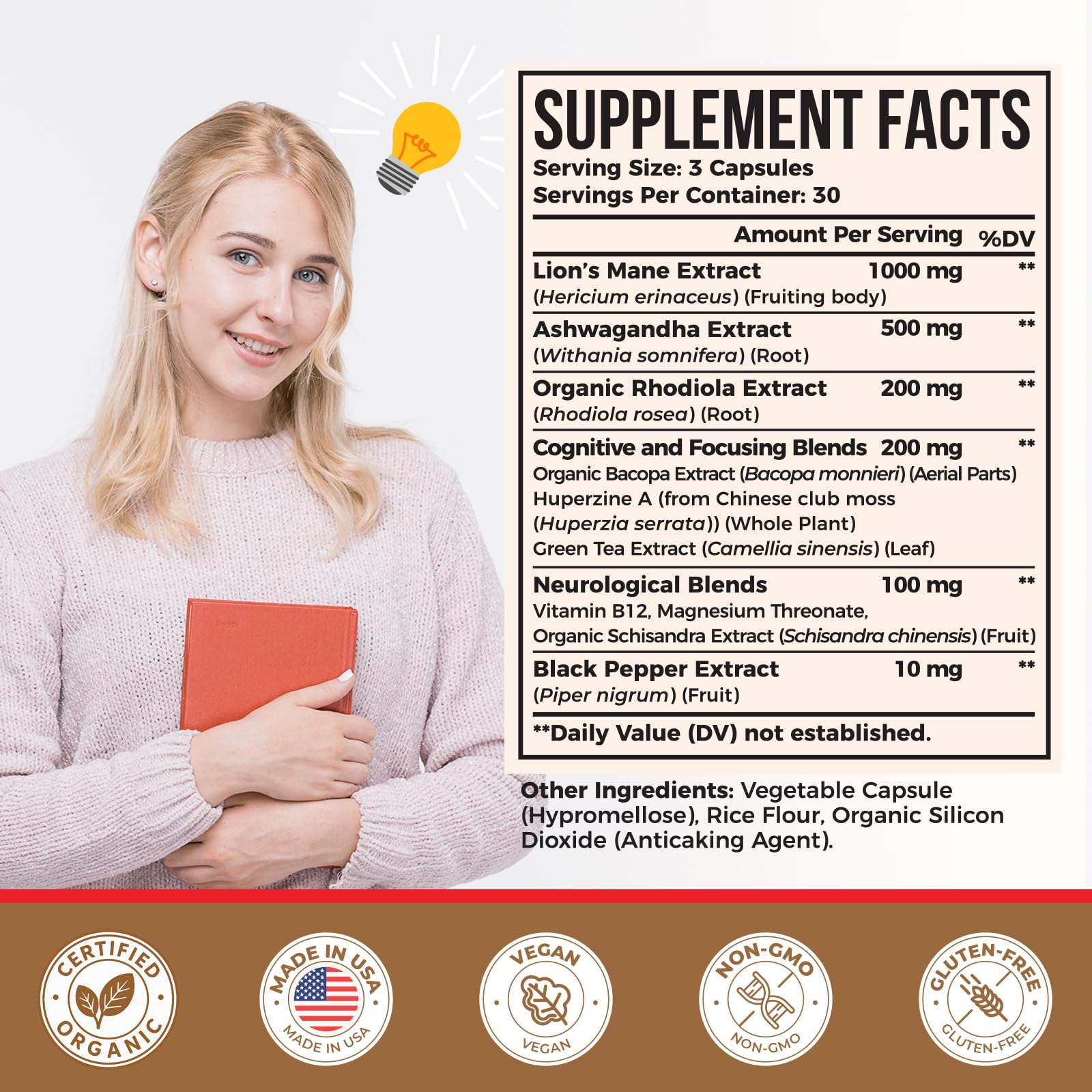 Ashwagandha & Lions Mane Supplements Capsules, Brain Supplements for Memory and Focus, Ashwagandha with Rhodiola Rosea for Cognitive, Immune Support, Cortisol Supplements for Women, 90 Capsules Zylvrax uk supplements
