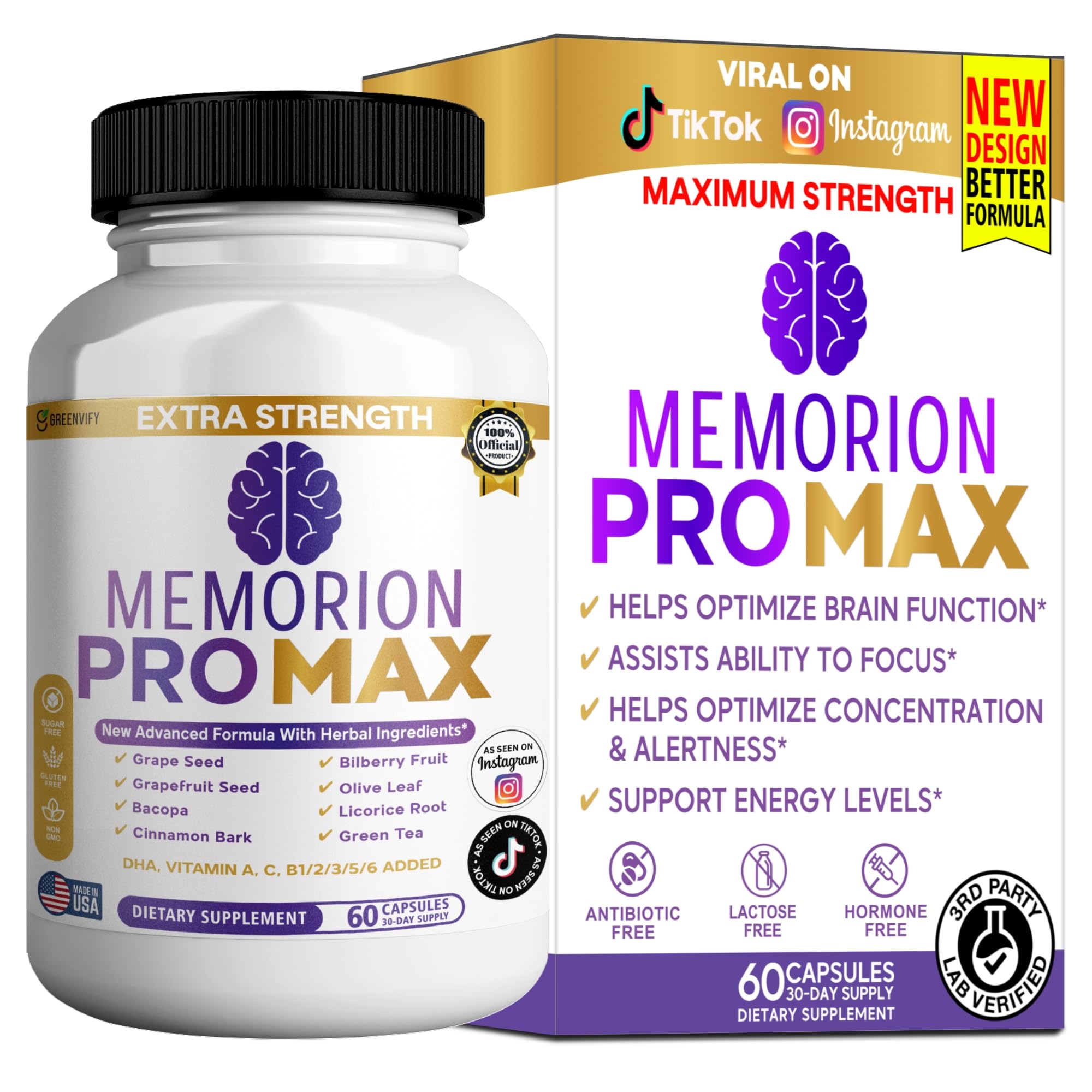 GREENVIFY Memorion Pro Max Extra Strength Brain Support Supplement, 60 Capsules, with DHA, Vitamins, Herbal Blend, 30-Day Supply (1) GREENVIFY uk supplements