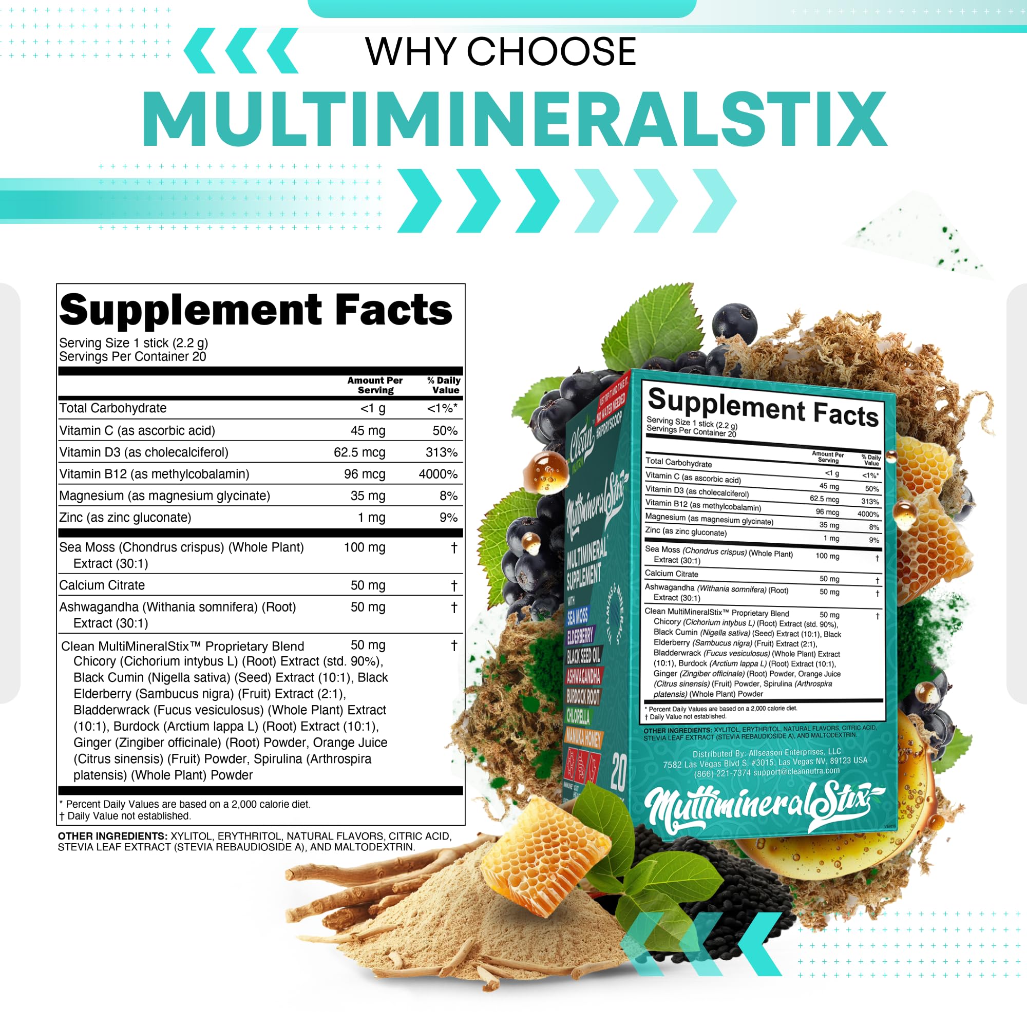 Sea Moss Powder Elderberry Ashwagandha Chlorella Manuka Honey VitaminD3 Vitamin C Zinc Spirulina Iodine Greens Detox Immune Support Sugar Free Hydration Powder Drink Mix – 20 Sticks Clean Nutraceuticals uk supplements