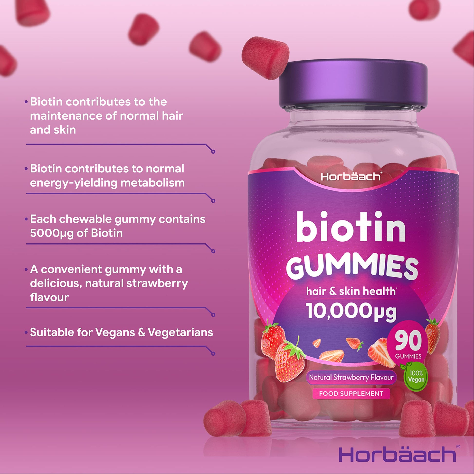 Biotin Gummies 10,000mcg | 90 Vegan Vitamins | Natural Strawberry Flavour Horbäach uk supplements