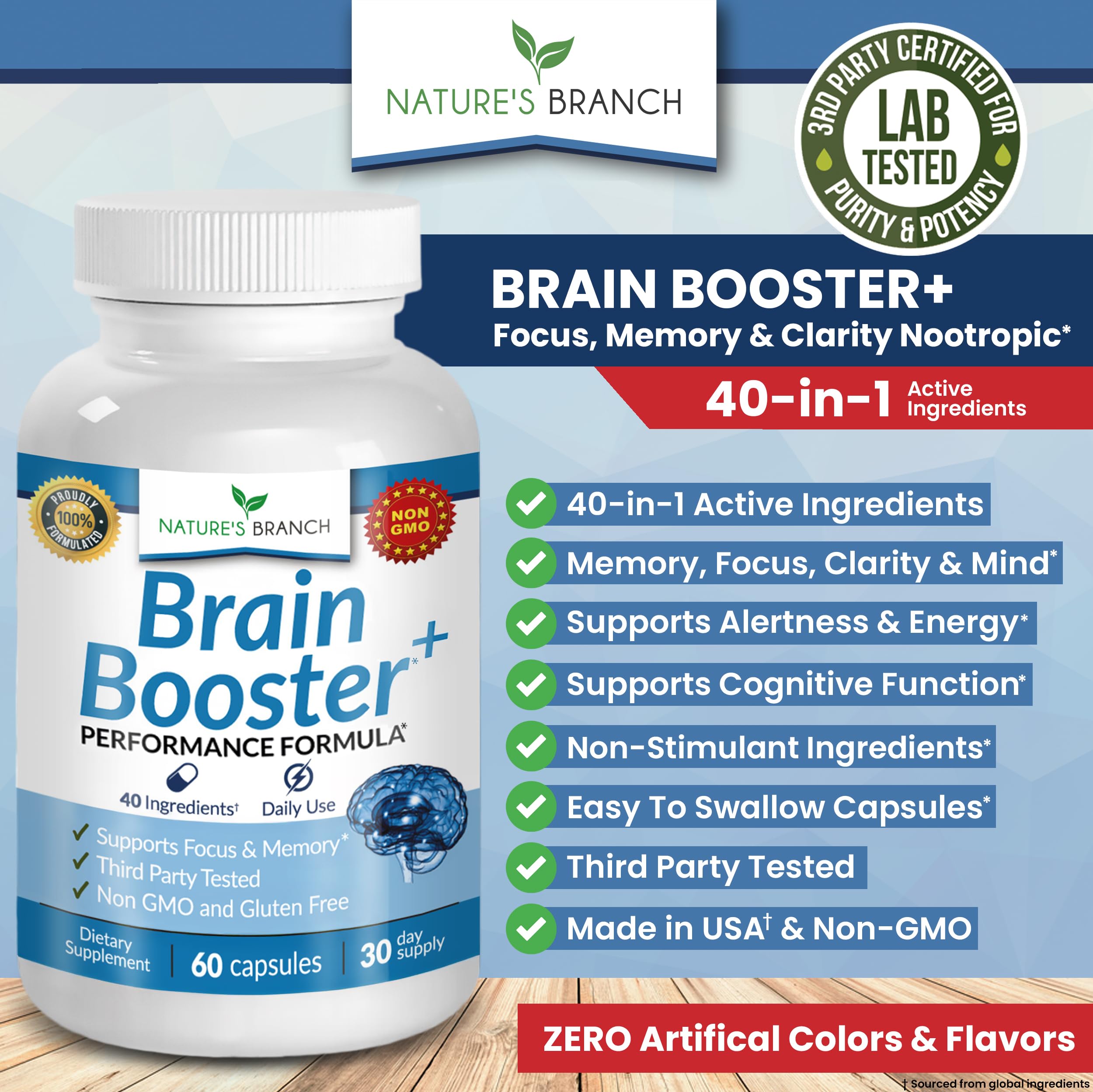 40-in-1 Brain Booster Supplement for Focus, Memory, Clarity, Energy | Advanced Vitamins Plus eBook | for Men & Women, Cognitive Function Nootropic Support with DMAE, Mind Health Formula | 60 Capsules NATURE'S BRANCH uk supplements