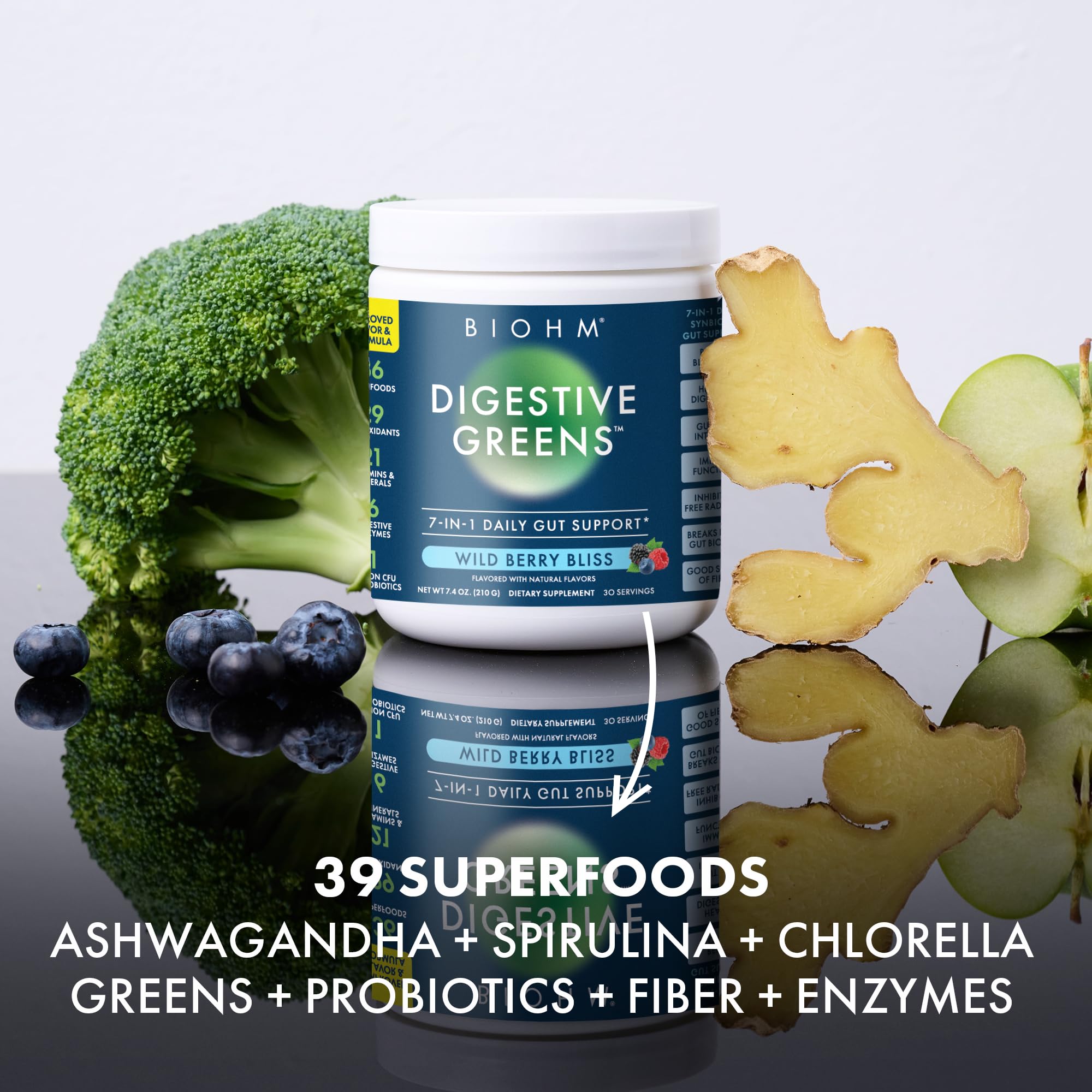 BIOHM Digestive Greens, Green Superfood Powder (7.4 Oz, 30 Servings) Immune & Gut Health Support with Antioxidants, Vitamins, Probiotics & Enzymes, Good Source of Fiber, Berry Flavor BIOHM uk supplements