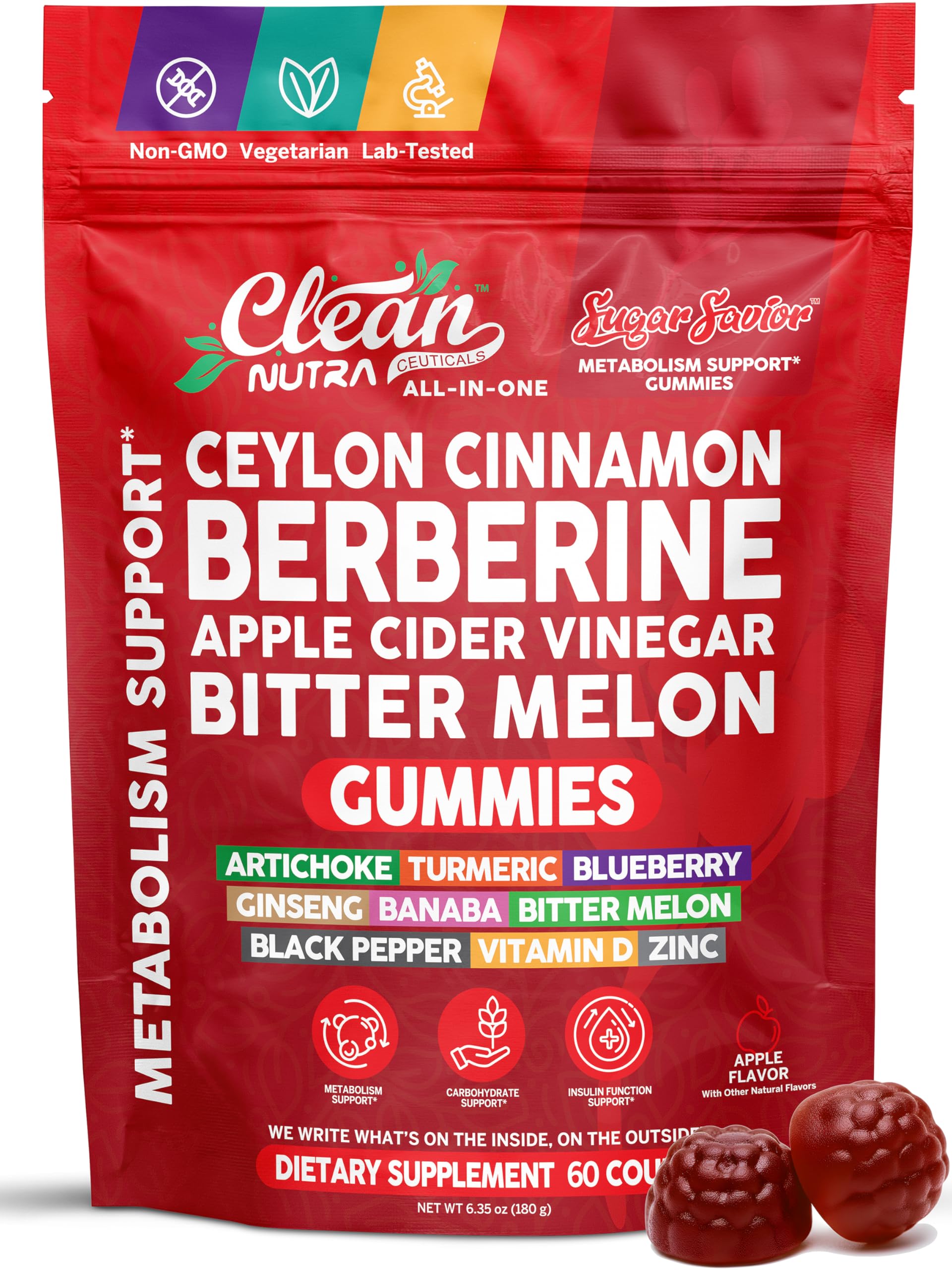 Sugar Savior Ceylon Cinnamon Berberine Gummies Apple Cider Vinegar Artichoke Turmeric Blueberry Ginseng Banaba Bitter Melon Black Pepper Vitamin D Zinc GLP1 Gummies 60 Count by Clean Nutra Clean Nutraceuticals uk supplements