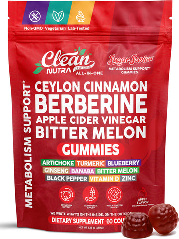 Sugar Savior Ceylon Cinnamon Berberine Gummies Apple Cider Vinegar Artichoke Turmeric Blueberry Ginseng Banaba Bitter Melon Black Pepper Vitamin D Zinc GLP1 Gummies 60 Count by Clean Nutra Clean Nutraceuticals uk supplements