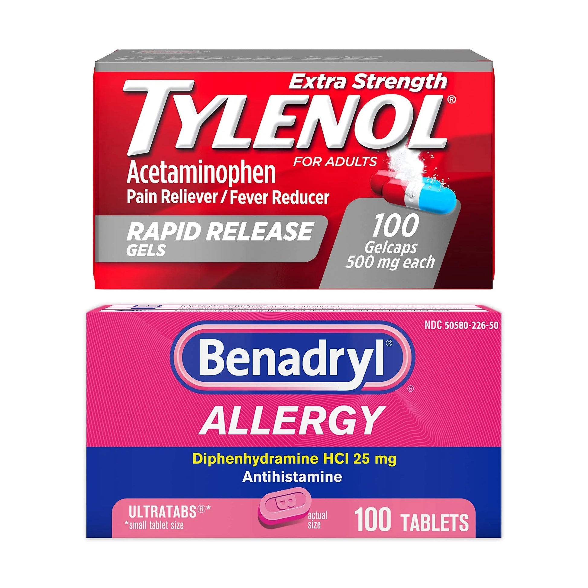 Benadryl Ultratabs Antihistamine Allergy Relief Tablets with 25 mg Diphenhydramine HCl, 100 ct and Tylenol Extra Strength Pain Reliever Rapid Release Gels with 500 mg Acetaminophen, 100 ct Tylenol uk supplements