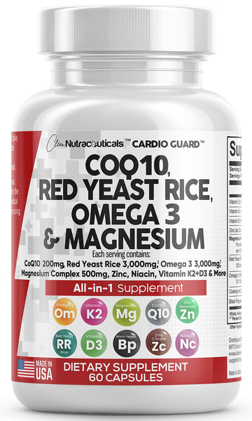 COQ10 200mg Red Yeast Rice 3000mg Omega 3 3000mg Magnesium Clean Nutraceuticals uk supplements