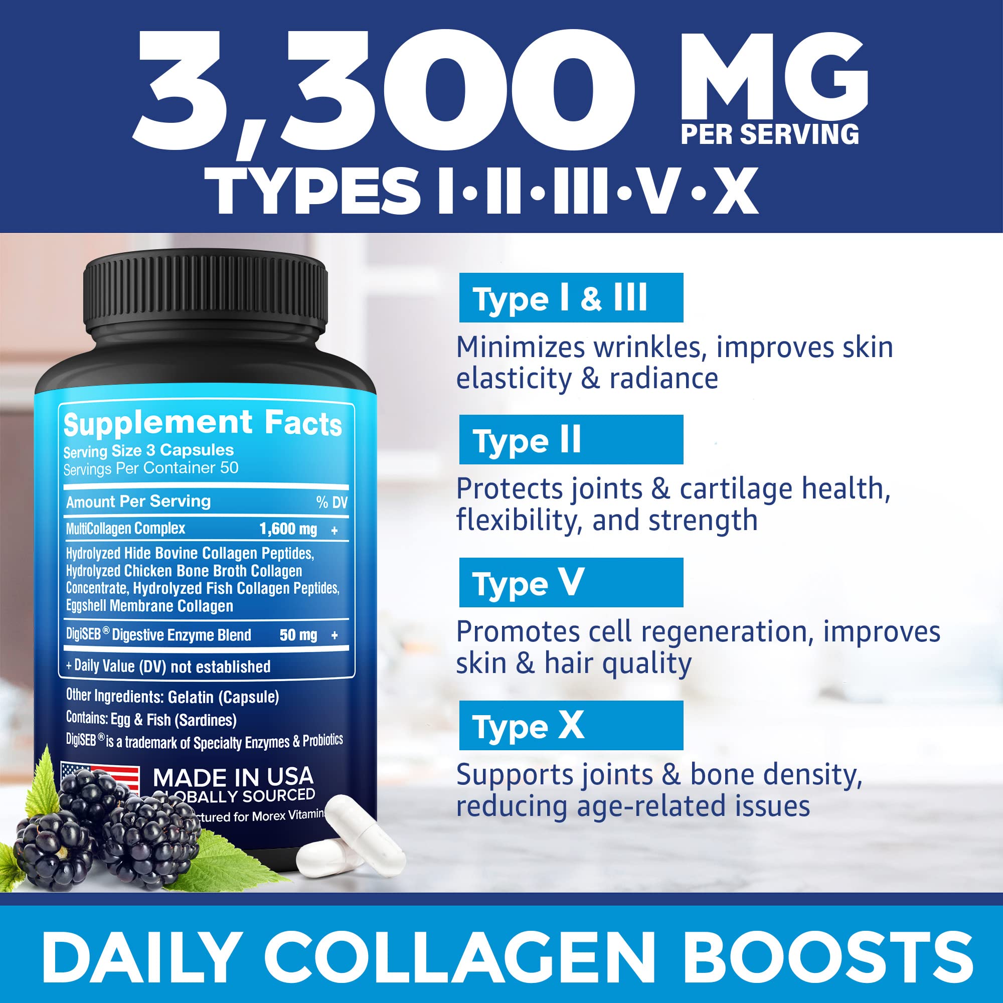 Multi Collagen Pills (Types I, II, III, V & X) - Marine Collagen & Bone Broth Capsules MOREX VITAMINS uk supplements