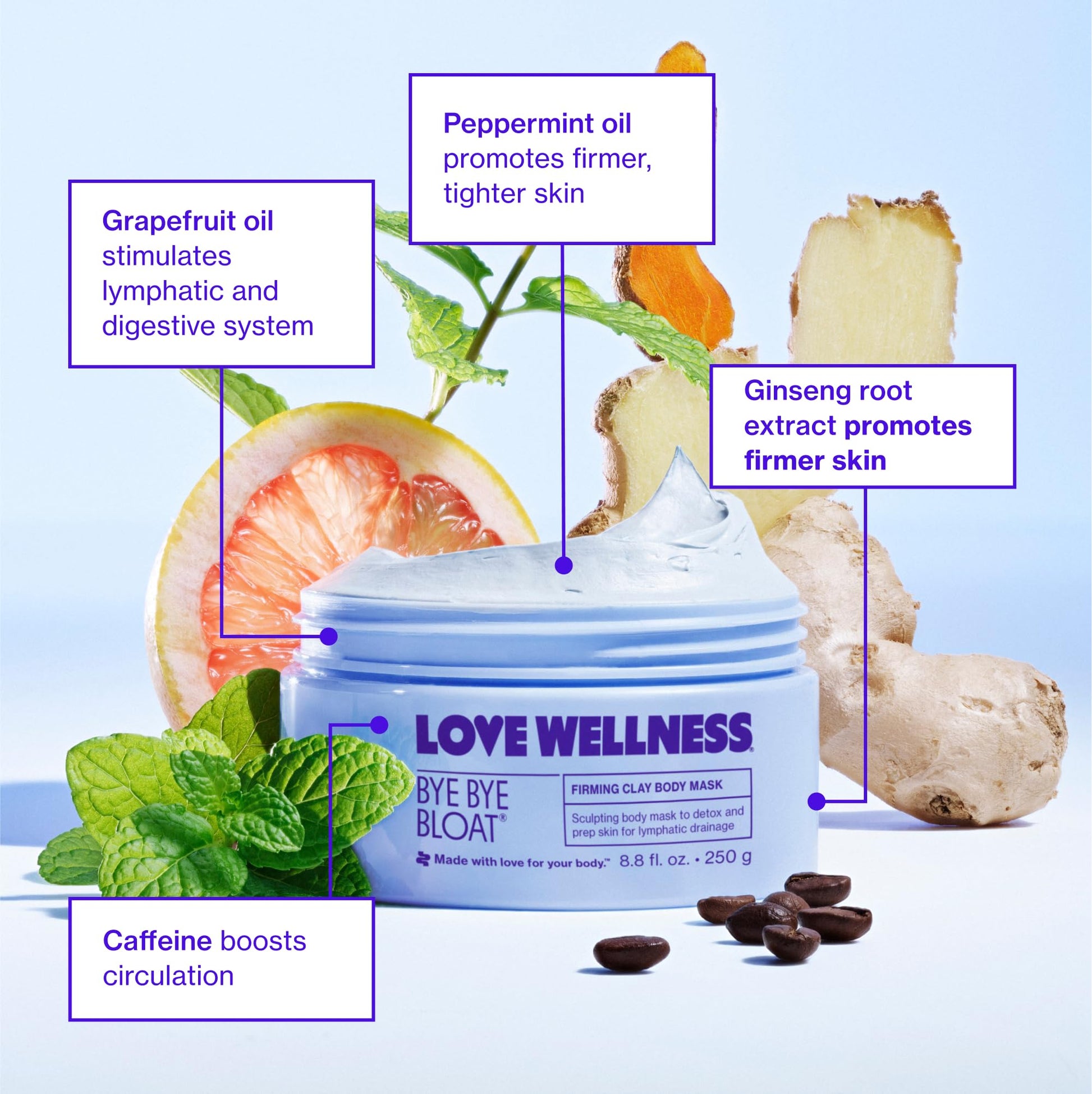 Love Wellness Bye Bye Bloat Firming Clay Body Mask | Lymphatic Drainage Body Mask for Women | Support Bloating Relief, Skin Hydration & Boost Circulation | Caffeine, Grapefruit & Peppermint Oil | 250g Love Wellness uk supplements
