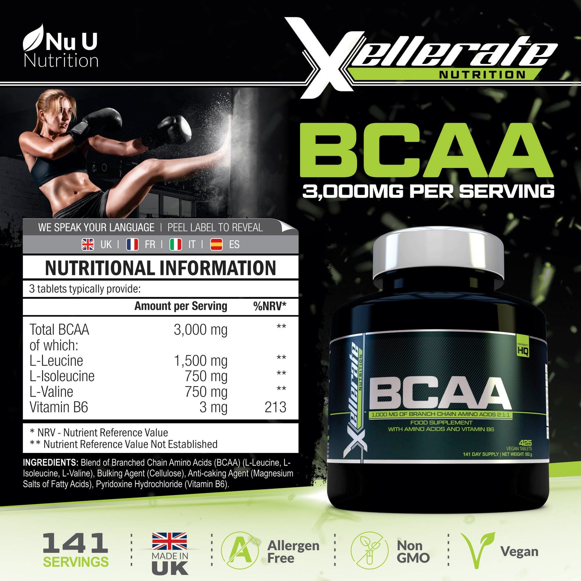 BCAA 1000mg - 425 Vegan Tablets - 3000mg Daily Serving - 141 Day Supply - 2:1:1 BCAAs Xellerate NUTRITION uk supplements