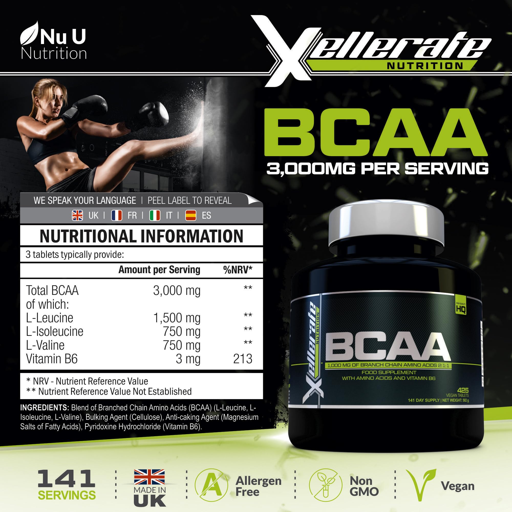 BCAA 1000mg - 425 Vegan Tablets - 3000mg Daily Serving - 141 Day Supply - 2:1:1 BCAAs Xellerate NUTRITION uk supplements