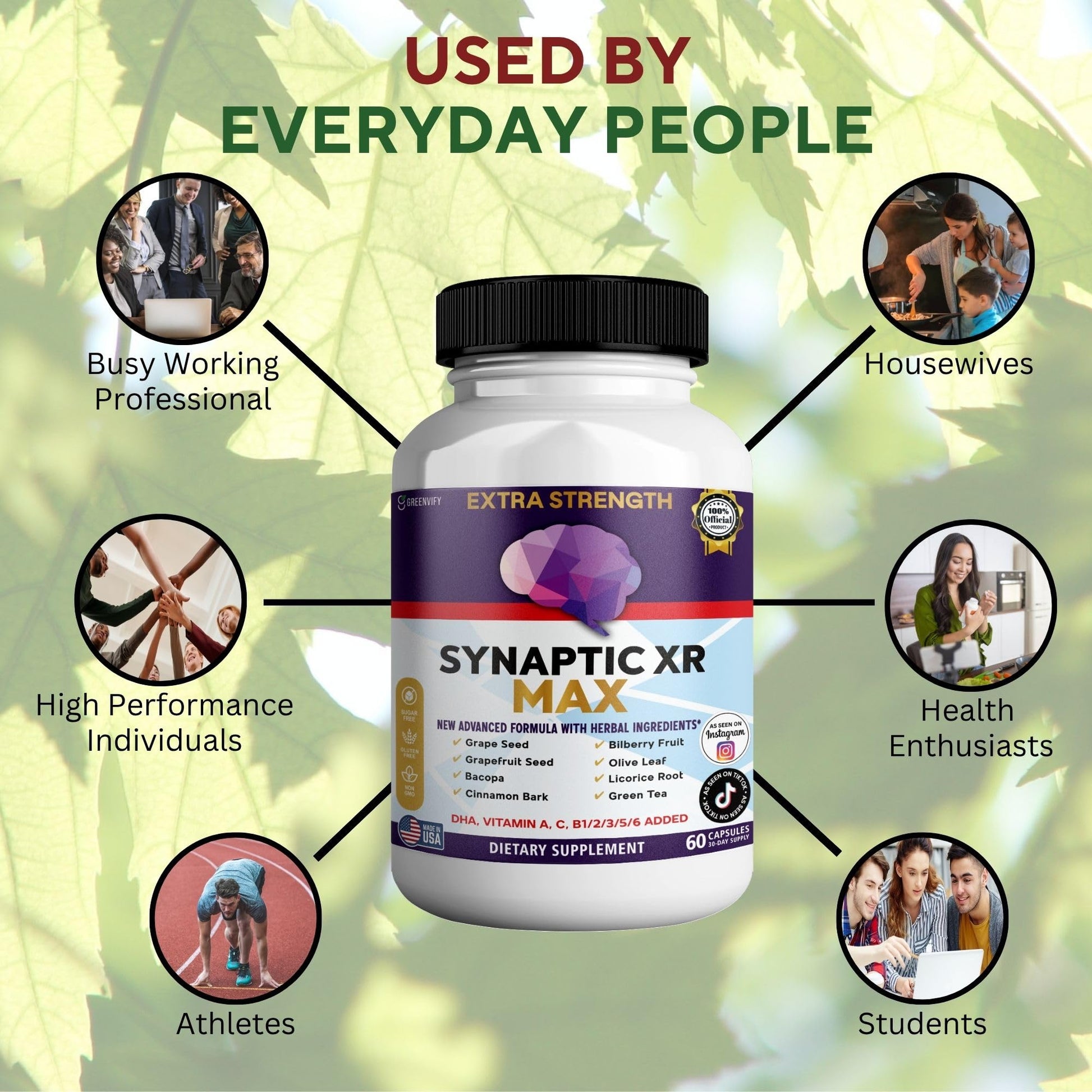 GREENVIFY Synaptic XR Max Extra Strength Brain Support Supplement with Herbal Ingredients, 60 Capsules, DHA Vitamins, Nootropic Formula (1) GREENVIFY uk supplements