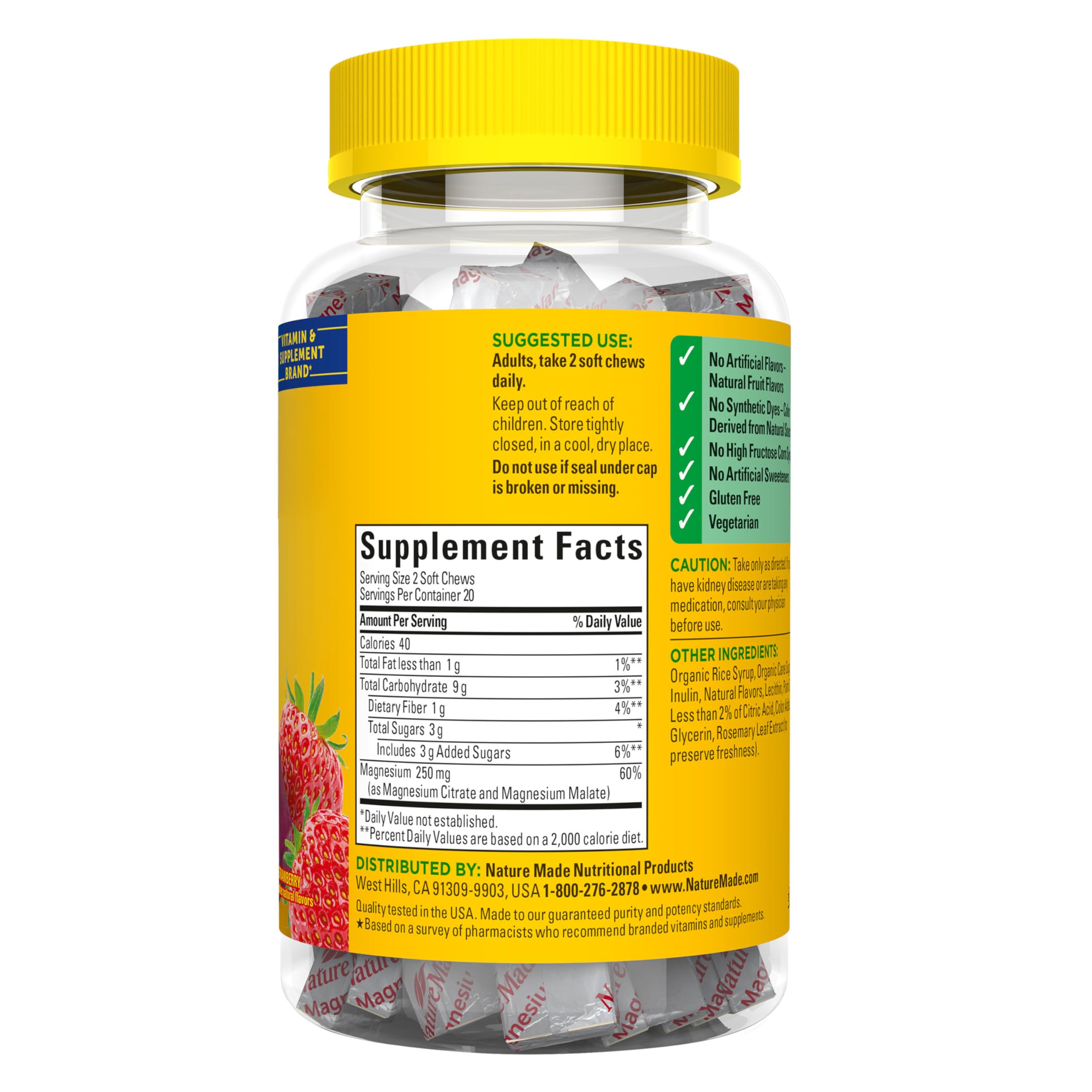 Nature Made High Absorption Magnesium Complex Soft Chews, Magnesium Supplement for Muscle, Heart, Bone Support, Magnesium Citrate & Malate Blend 250 mg per Serving, 40 Vegetarian Chews, 20 Day Supply Nature Made uk supplements