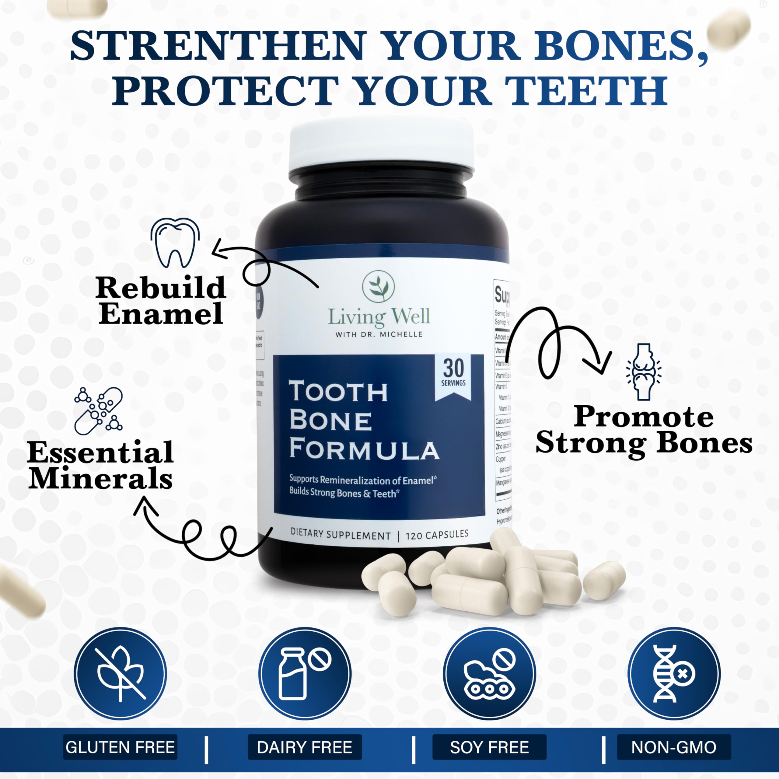 Living Well with Dr. Michelle Tooth & Bone Formula - Supplement with Calcium for Bone Strength & Tooth Enamel Support, D3 + K2, 120 Capsules, Non-GMO, Gluten-Free Living Well with Dr. Michelle uk supplements