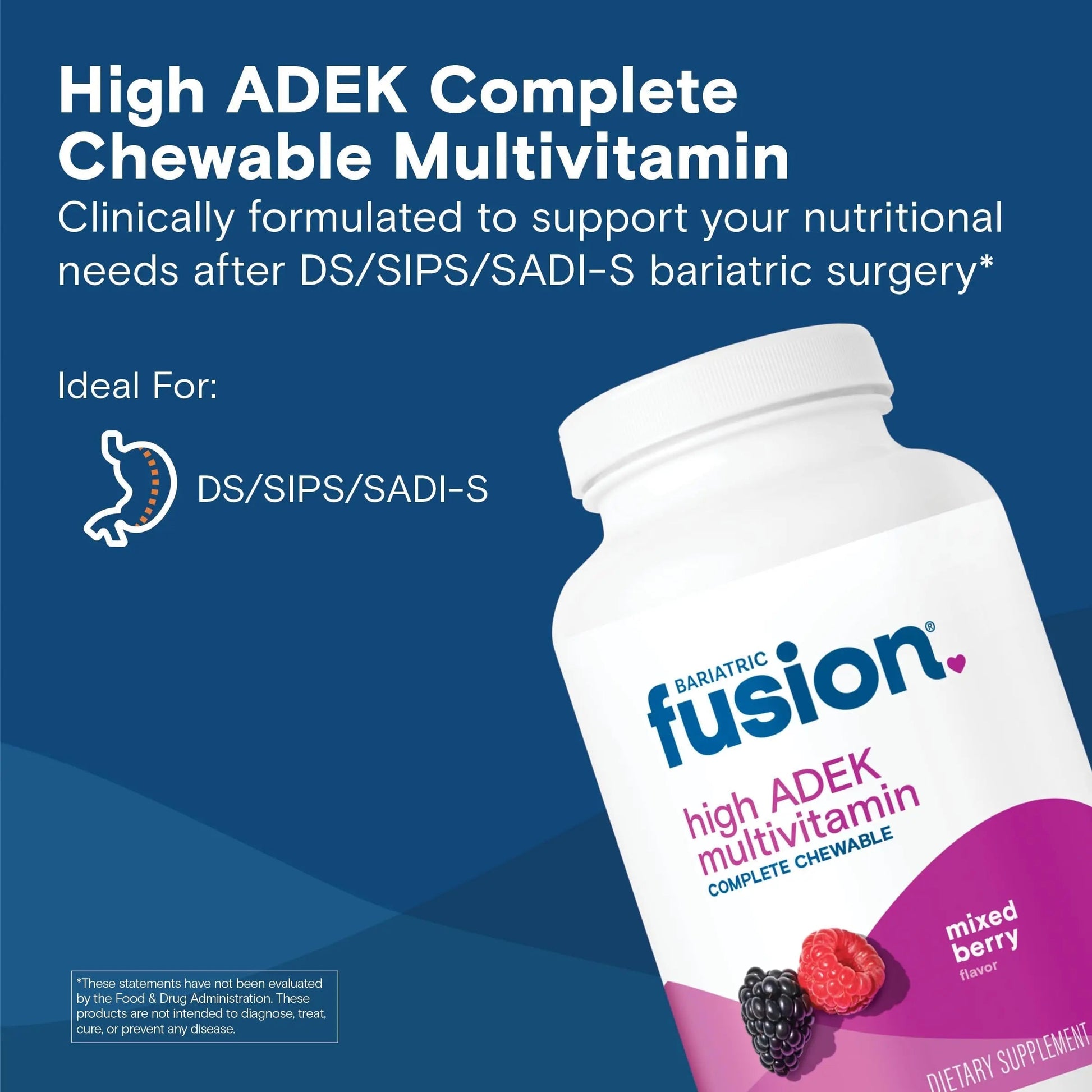 Bariatric Fusion Chewable Multivitamin with High ADEK Vitamins | Multi for Duodenal Switch Patients | Mixed Berry Flavored Tablets | Bariatric Fusion uk supplements