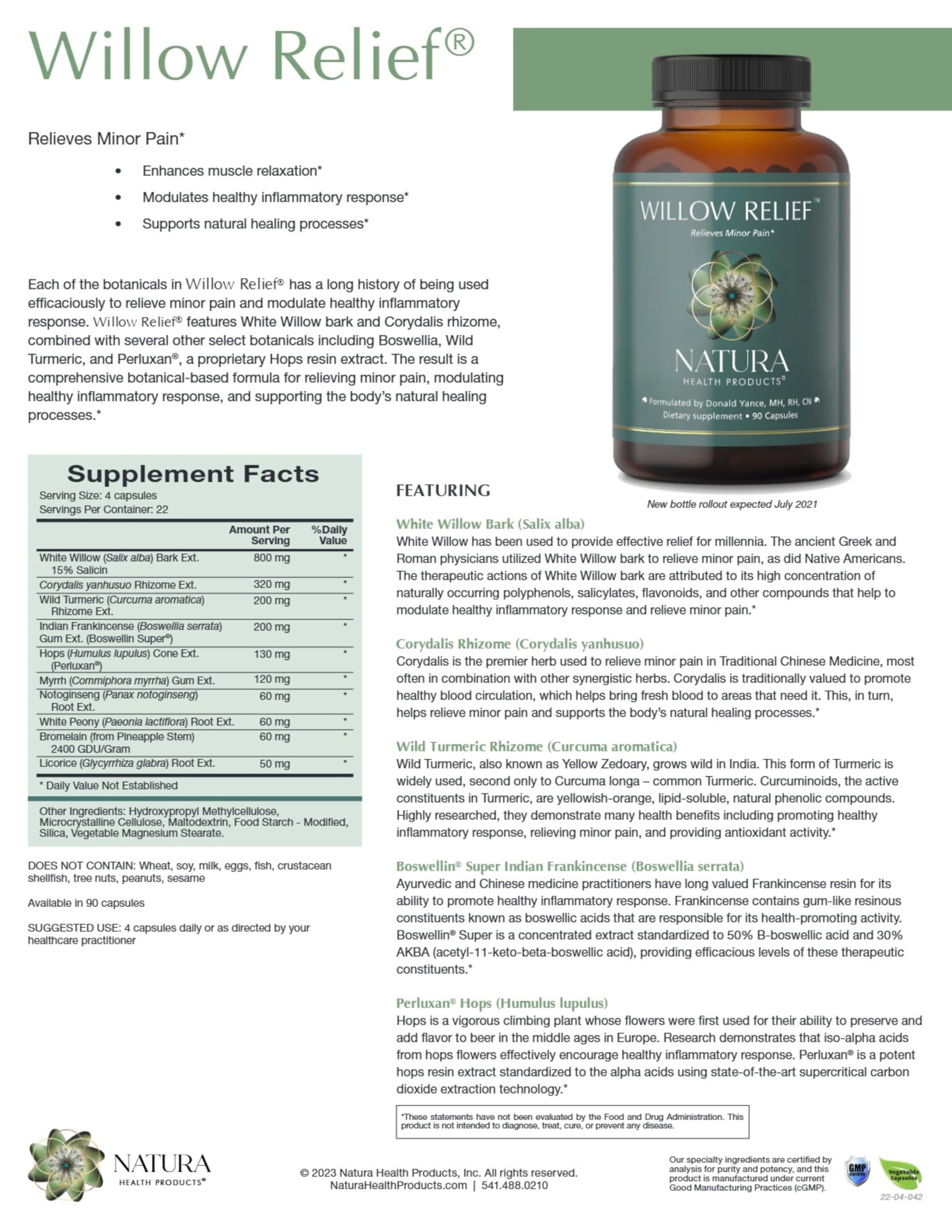 Natura Health Products Willow Relief Supplement - Enhances Muscle Relaxation - Featuring White Willow Bark, Turmeric, Boswellin Super Indian Frankincense, Corydalis Rhizome (90 Capsules) Natura Health Products uk supplements