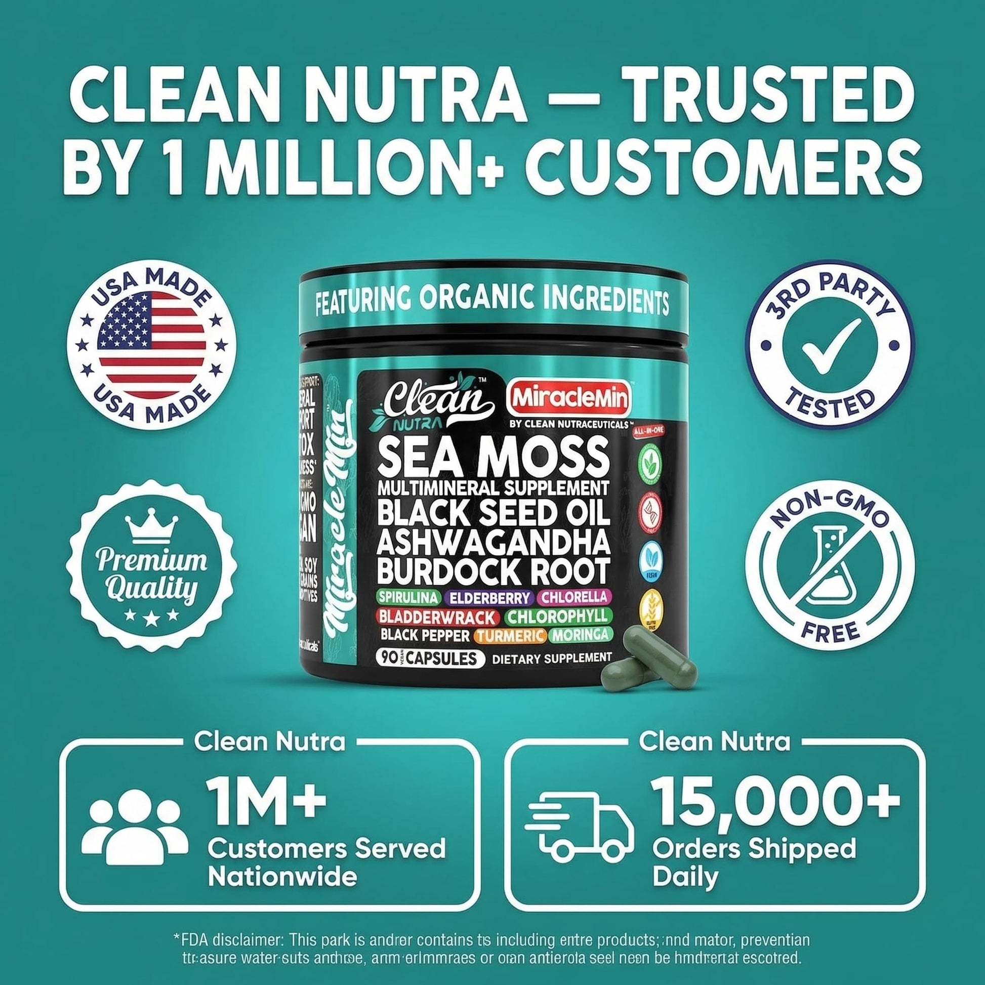 Clean Nutra Organic Sea Moss Capsules with Ashwagandha, Black Seed Oil, Burdock Root, Bladderwrack, Moringa, Chlorella, Spirulina, Turmeric, Elderberry, Amla – 90 Vegan Capsules – MiracleMin Clean Nutraceuticals uk supplements