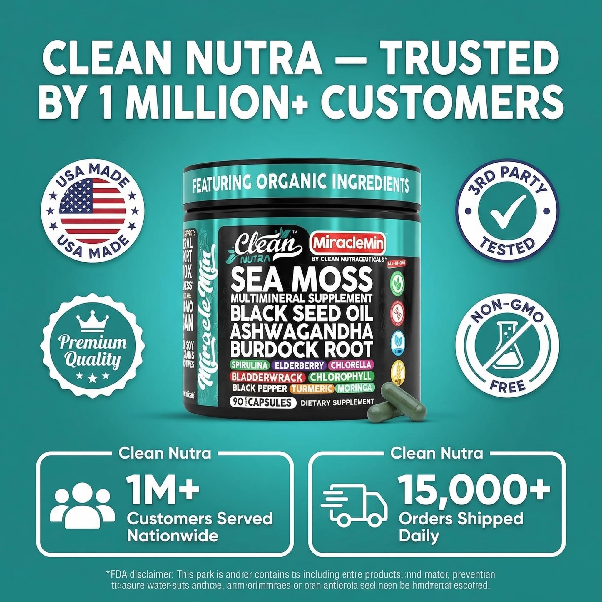 Clean Nutra Organic Sea Moss Capsules with Ashwagandha, Black Seed Oil, Burdock Root, Bladderwrack, Moringa, Chlorella, Spirulina, Turmeric, Elderberry, Amla – 90 Vegan Capsules – MiracleMin Clean Nutraceuticals uk supplements