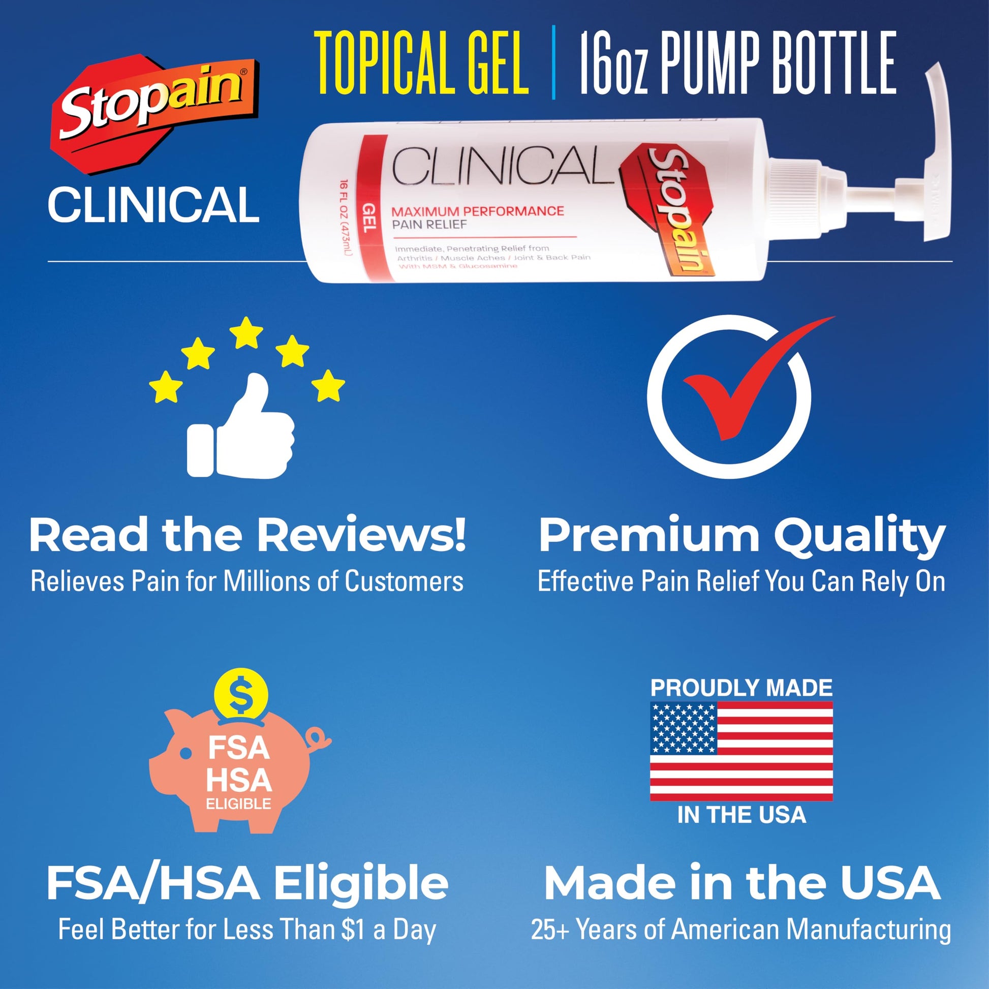 Stopain Clinical Pain Relief Gel 16 oz - Professional Formula for Arthritis, Knee, Back & Muscle Pain - Maximum Strength Gel for Joint & Nerve Pains with 10% Menthol Plus Glucosamine - Made in USA Stopain uk supplements