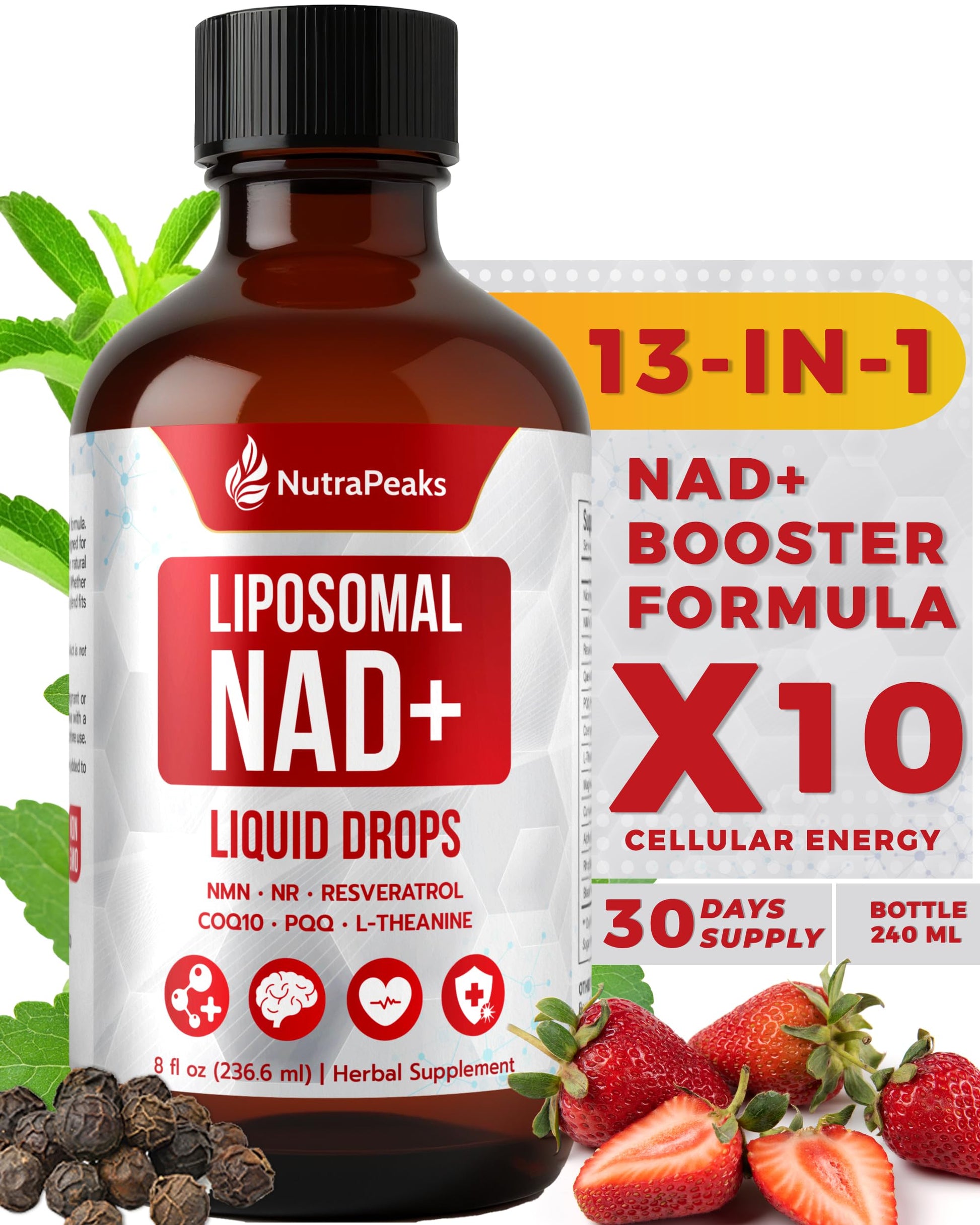 NutraPeaks NAD+ Supplement Liquid - NAD+ Supplement 1000mg, NAD+ Nicotinamide Riboside Resveratrol Supplements with PQQ, NAD+ Berry Flavor Sticks for Anti-Aging, Energy, Focus NutraPeaks uk supplements