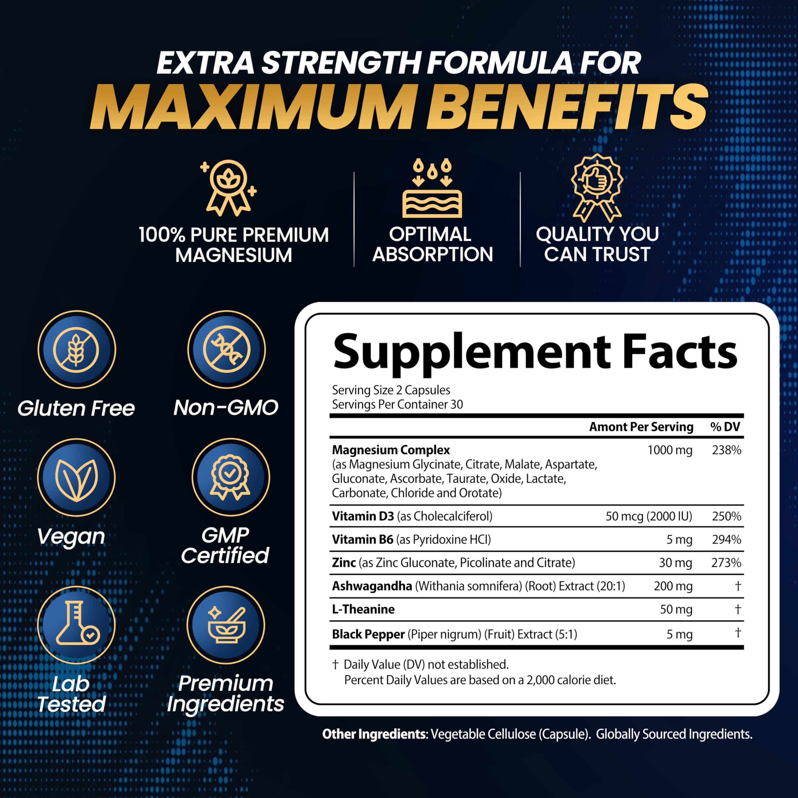 1000mg Magnesium Complex for Women and Men, 12 in 1 Magnesium Supplement with Ashwagandha, Zinc, D3, L-theanine. Easy to Swallow, High Absorption, Sleep Support & Stress Relief (60 Capsules) StrongVit uk supplements
