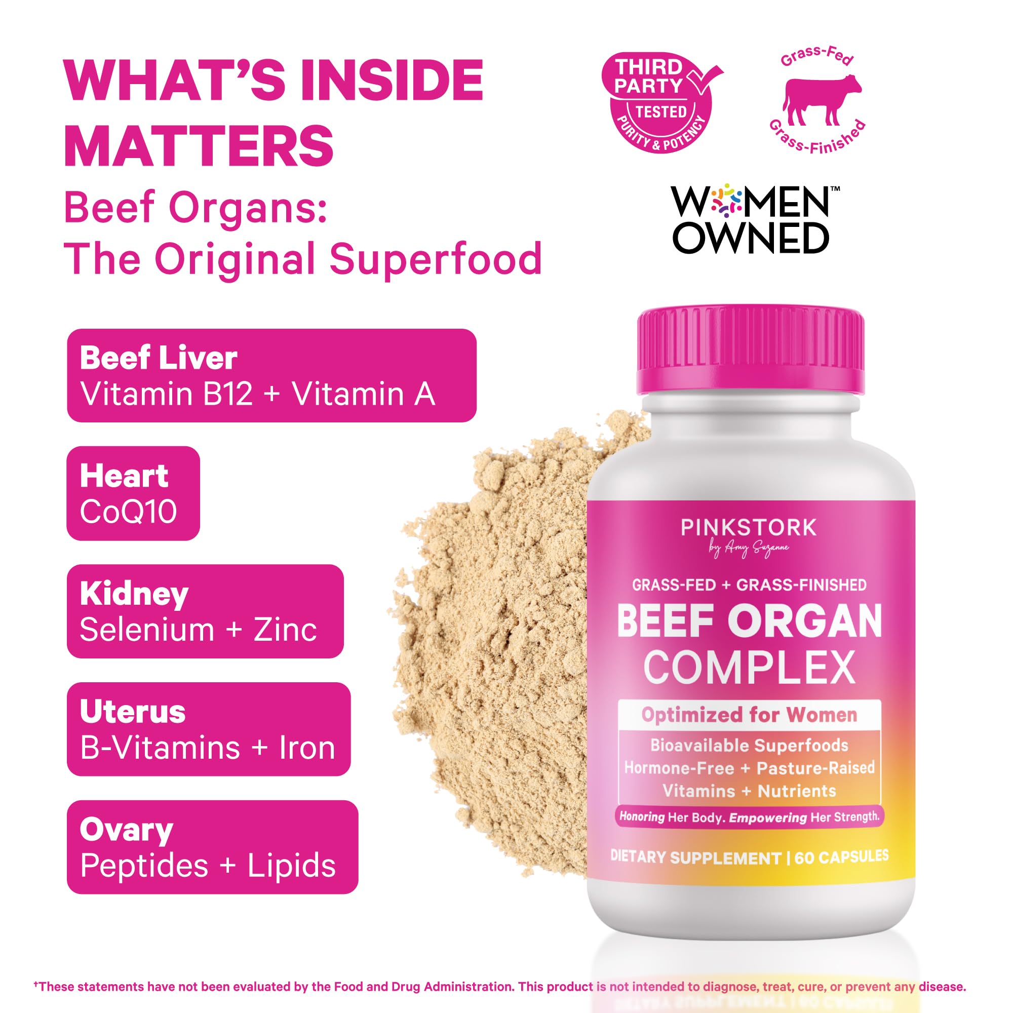 Pink Stork Beef Organ Supplement for Women | Grass-Fed Beef Liver Capsules with Iron, B12, CoQ10, Vitamin A | Primal Multivitamin for Female Hormone + Energy Support | 60 Capsules Pink Stork uk supplements