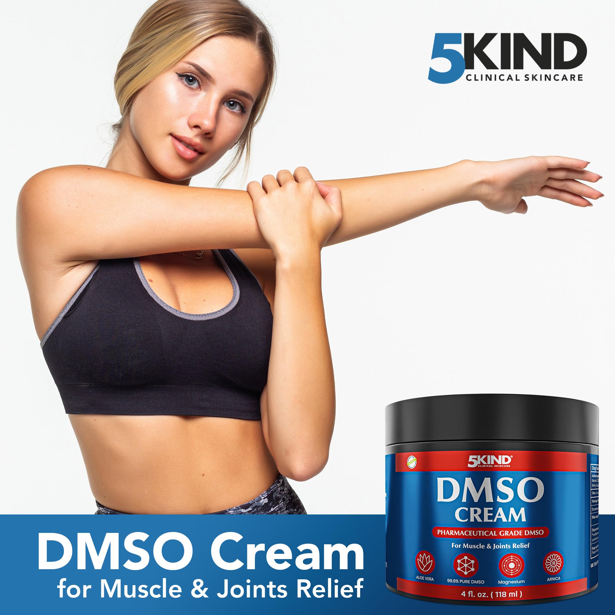 5Kind DMSO Cream for Pain Relief 4 fl oz - 99.9% Pure DMSO Pharmaceutical Grade Cream - Aloe Vera, Magnesium, Arnica & Menthol - Topical Muscle and Joint Pain Relief - Registered NDC - Made in USA 5kind clinical skincare uk supplements